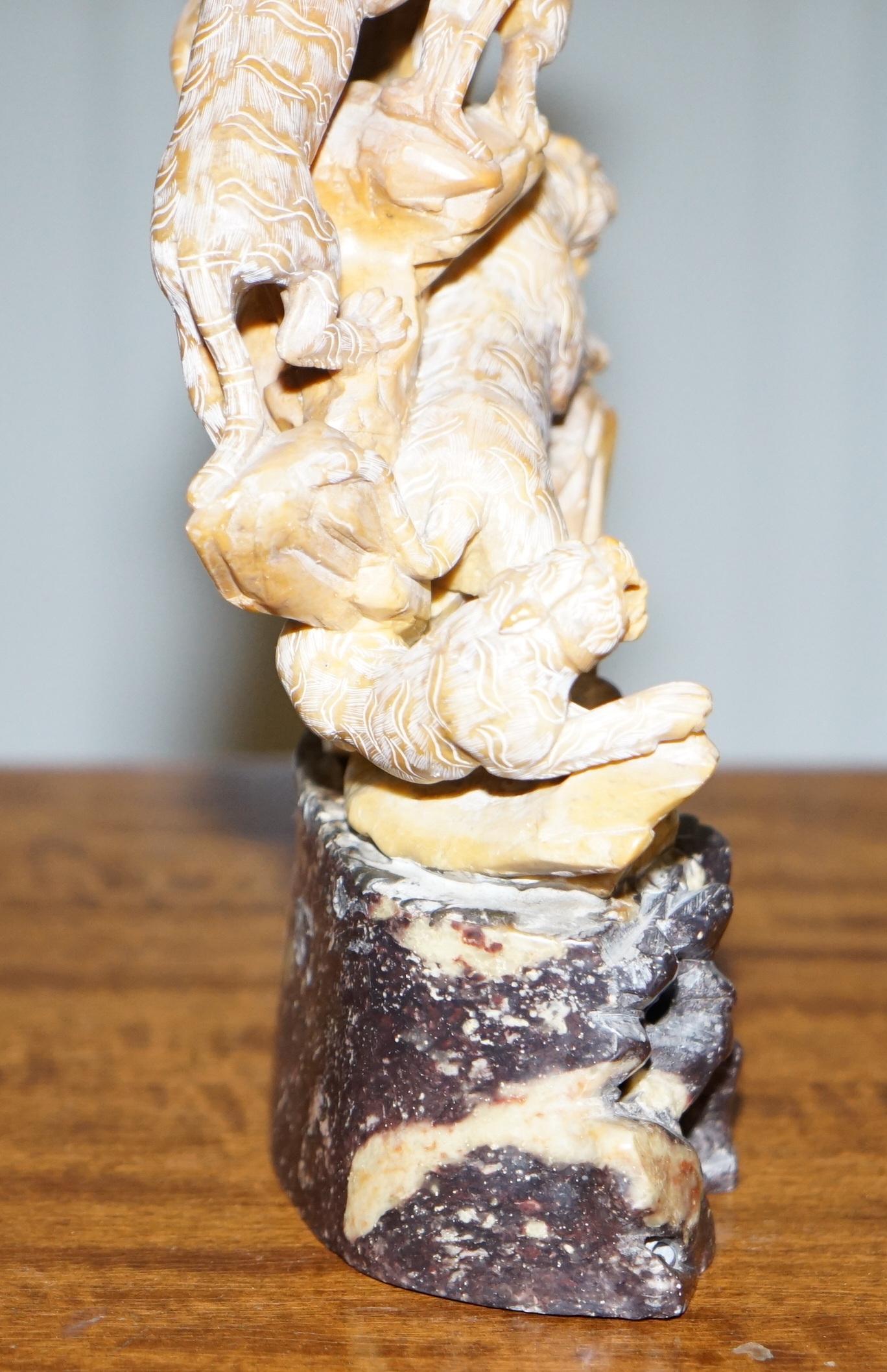 Rare Large Chinese Export circa 1900 Shoushan Stone Sculpture Pandas Crane Birds For Sale 2