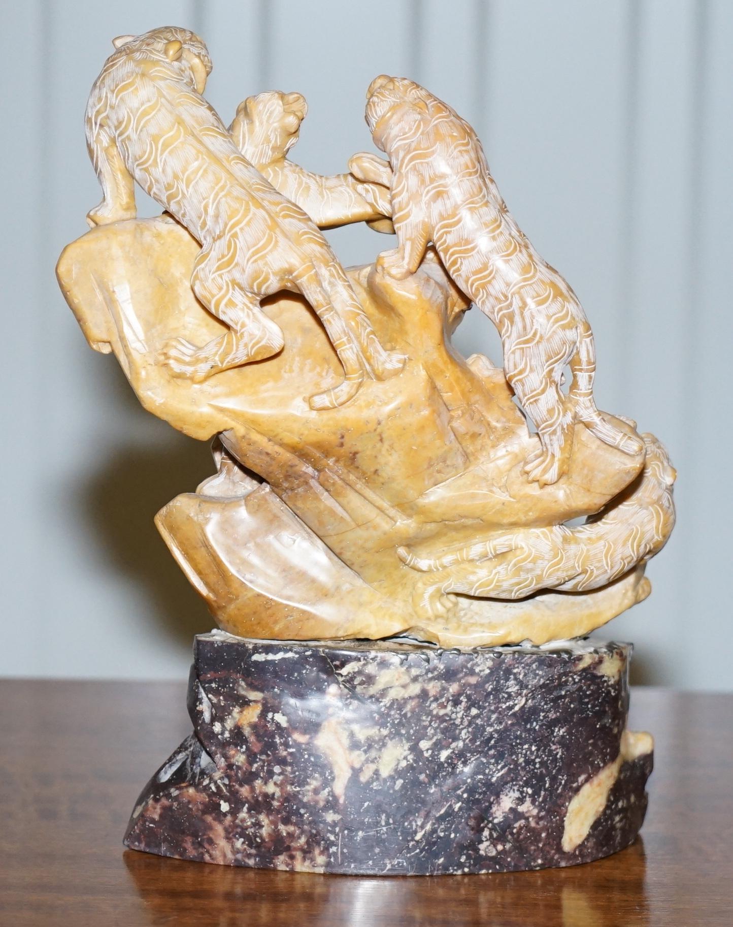 Rare Large Chinese Export circa 1900 Shoushan Stone Sculpture Pandas Crane Birds For Sale 4