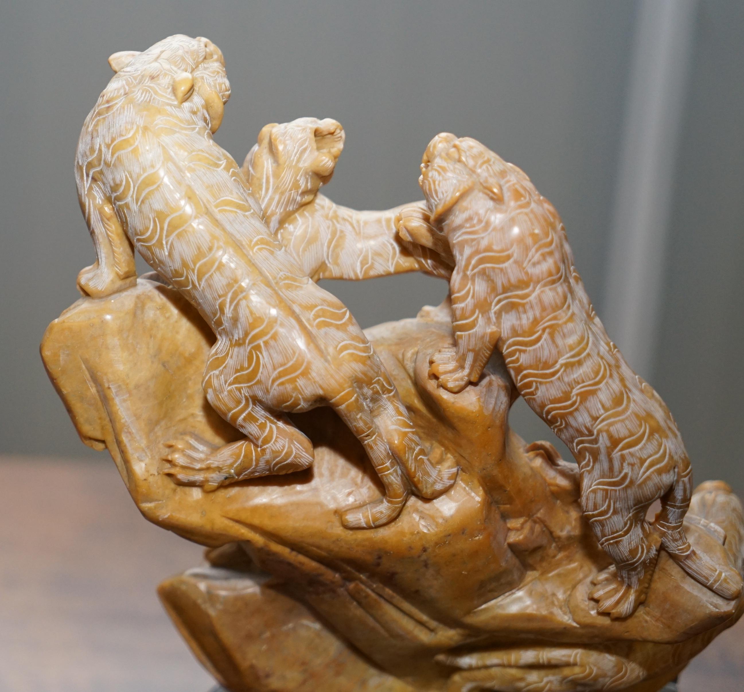 Rare Large Chinese Export circa 1900 Shoushan Stone Sculpture Pandas Crane Birds For Sale 5
