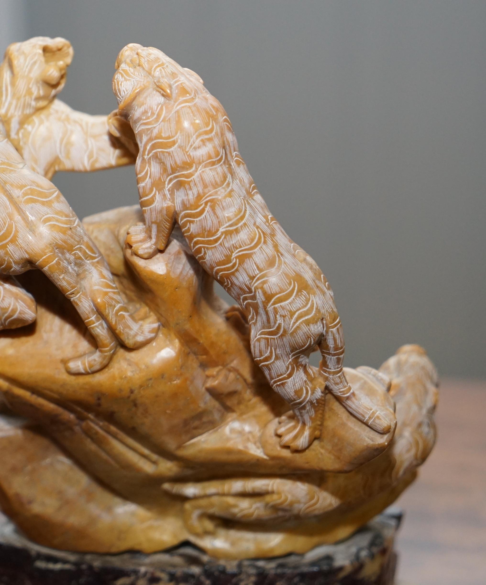 Rare Large Chinese Export circa 1900 Shoushan Stone Sculpture Pandas Crane Birds For Sale 6