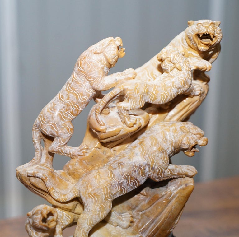 Rare Large Chinese Export circa 1900 Shoushan Stone Sculpture Pandas Crane Birds For Sale at