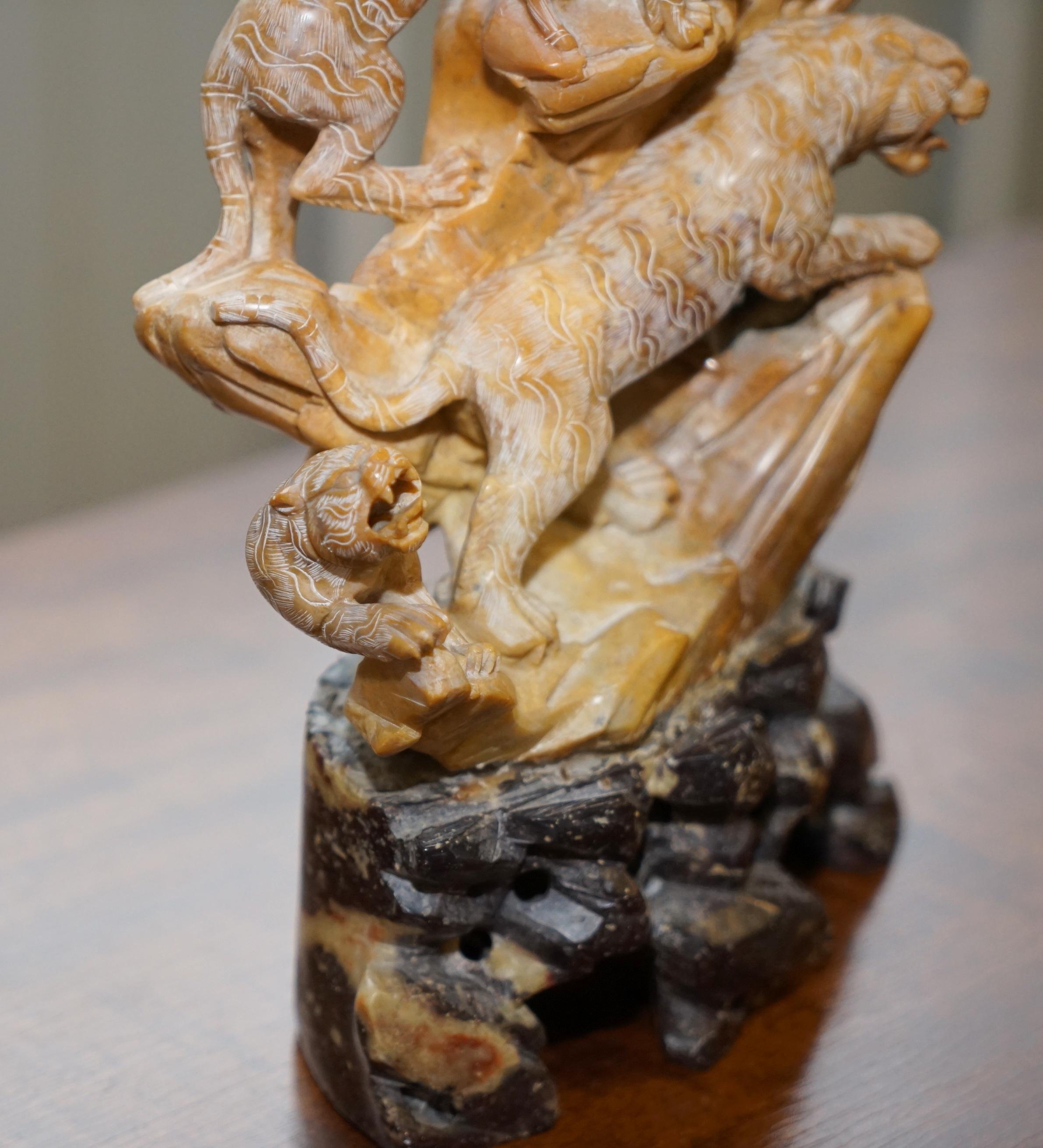 Early 20th Century Rare Large Chinese Export circa 1900 Shoushan Stone Sculpture Pandas Crane Birds For Sale