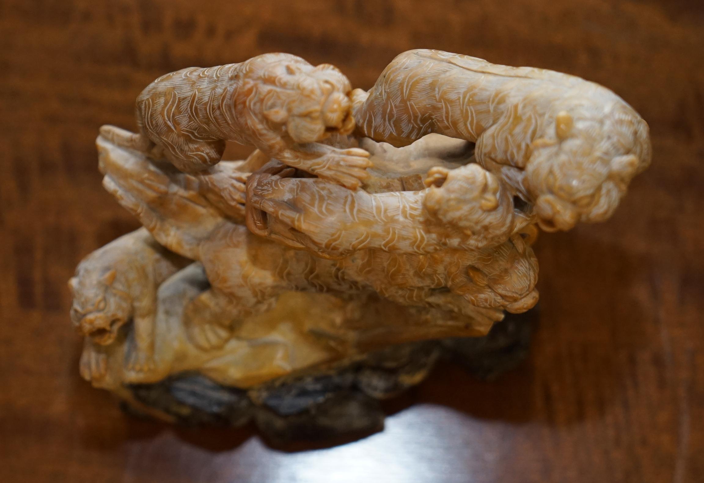 Early 20th Century Rare Large Chinese Export circa 1900 Shoushan Stone Sculpture Pandas Crane Birds For Sale