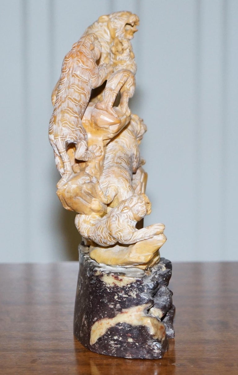 Rare Large Chinese Export circa 1900 Shoushan Stone Sculpture Pandas Crane Birds For Sale at