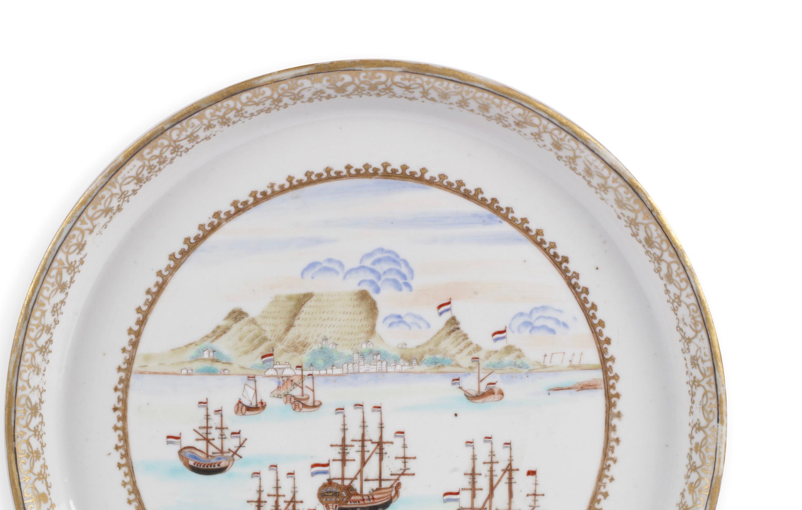 A rare large Chinese export porcelain 'Table Bay' dish

Qianlong period, circa 1735-1750

Diam. 27.5 cm

This version of the ‘Table Bay’ porcelain documented is decorated in polychrome enamels and gold and with a rim decorated with a