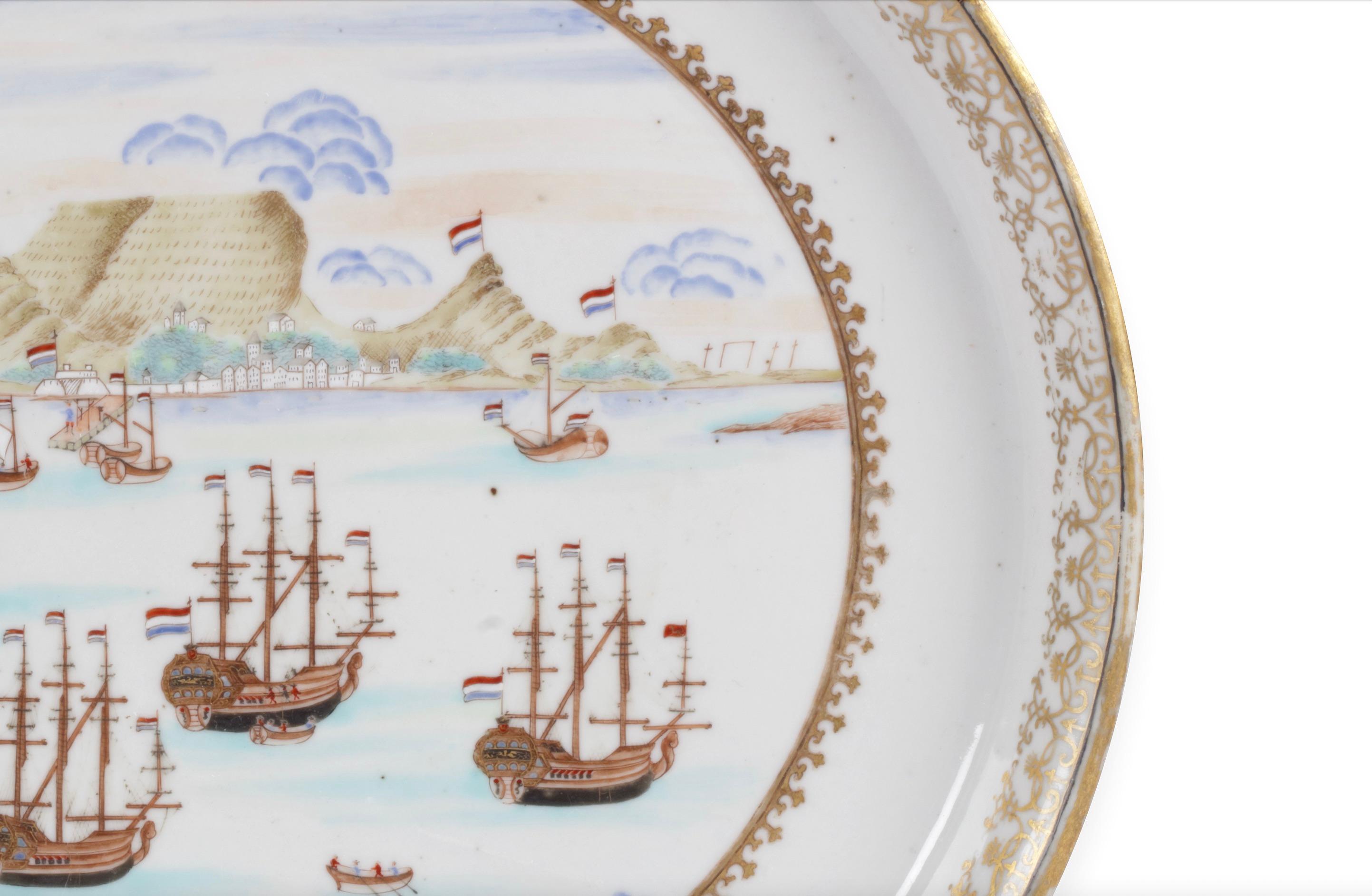 Seltener großer chinesischer Export-Porzellan „Table Bay“ Cape of Good Hope-Schale aus Porzellan, um 1740 (Polychromiert) im Angebot