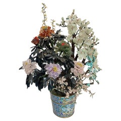 Rare Large Chinese Jade and Semi Precious Stone Tree Bonsai Cloisonné Pot