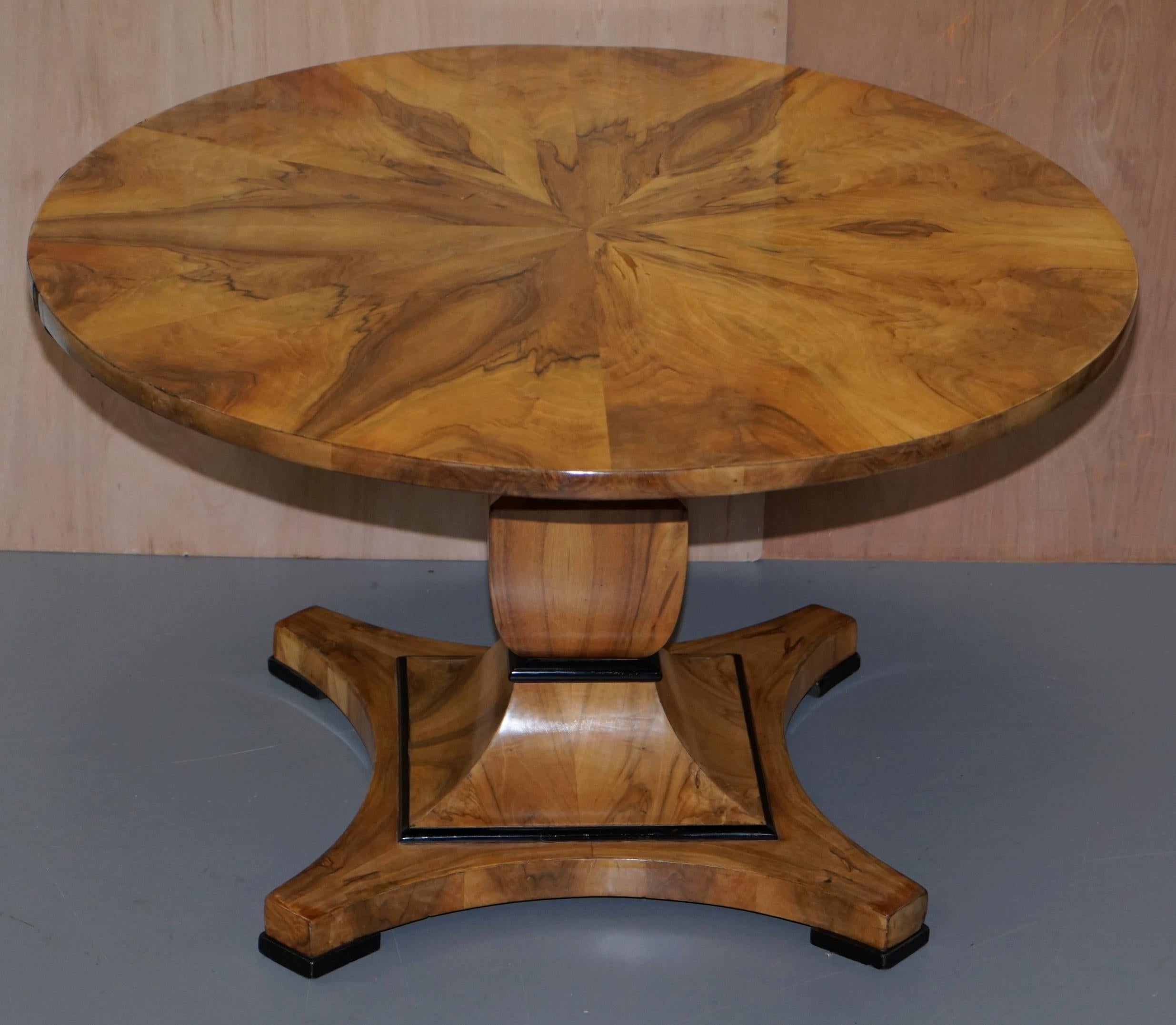 We are delighted to offer for sale this stunning large Biedermeier south German round table circa 1825

A highly collectible and good looking table, the best part of 200 years old and the timber patina is simply glorious. Its quarter cut walnut,