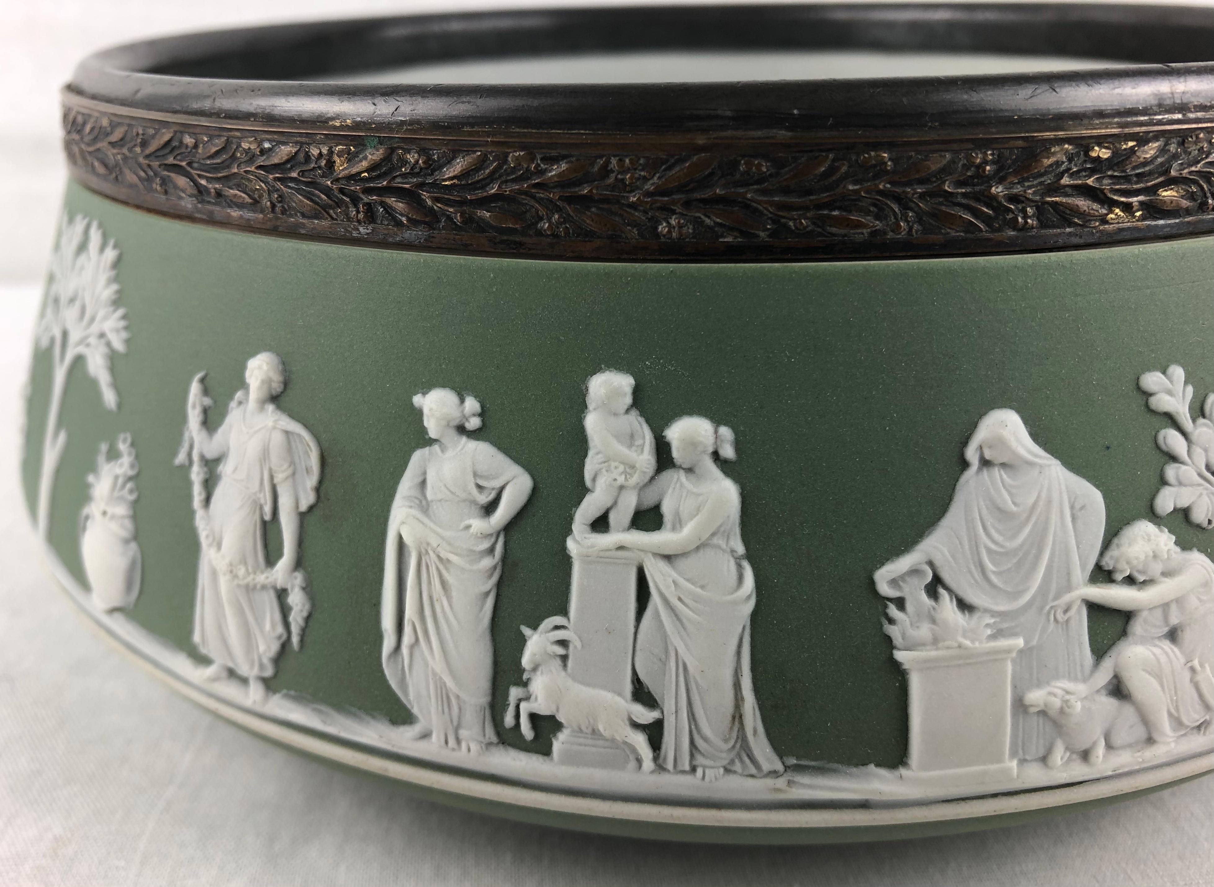 Neoclassical Large Collectible English Wedgwood Jasperware Pale Green Chariot Bowl For Sale