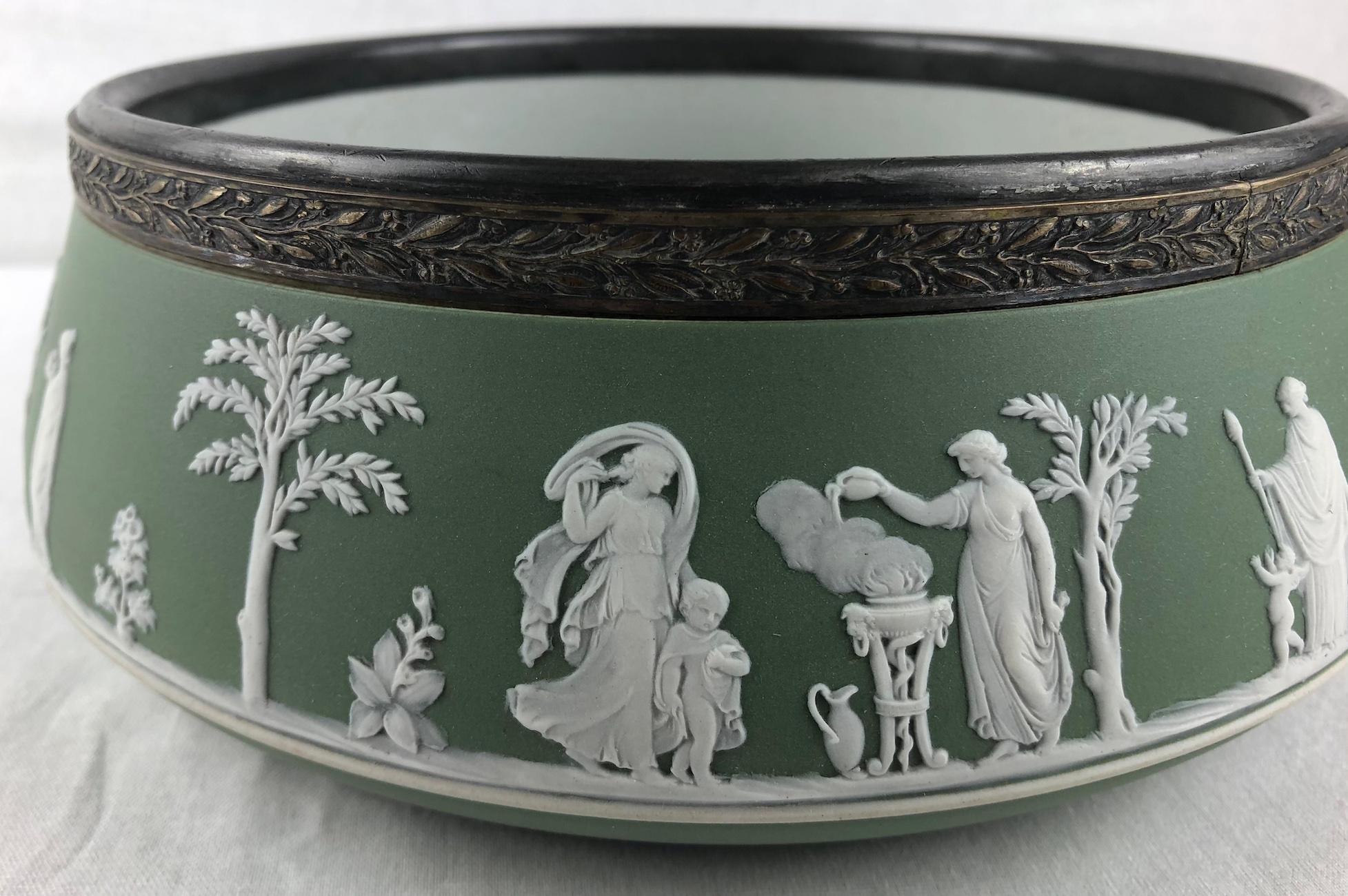 19th Century Large Collectible English Wedgwood Jasperware Pale Green Chariot Bowl For Sale