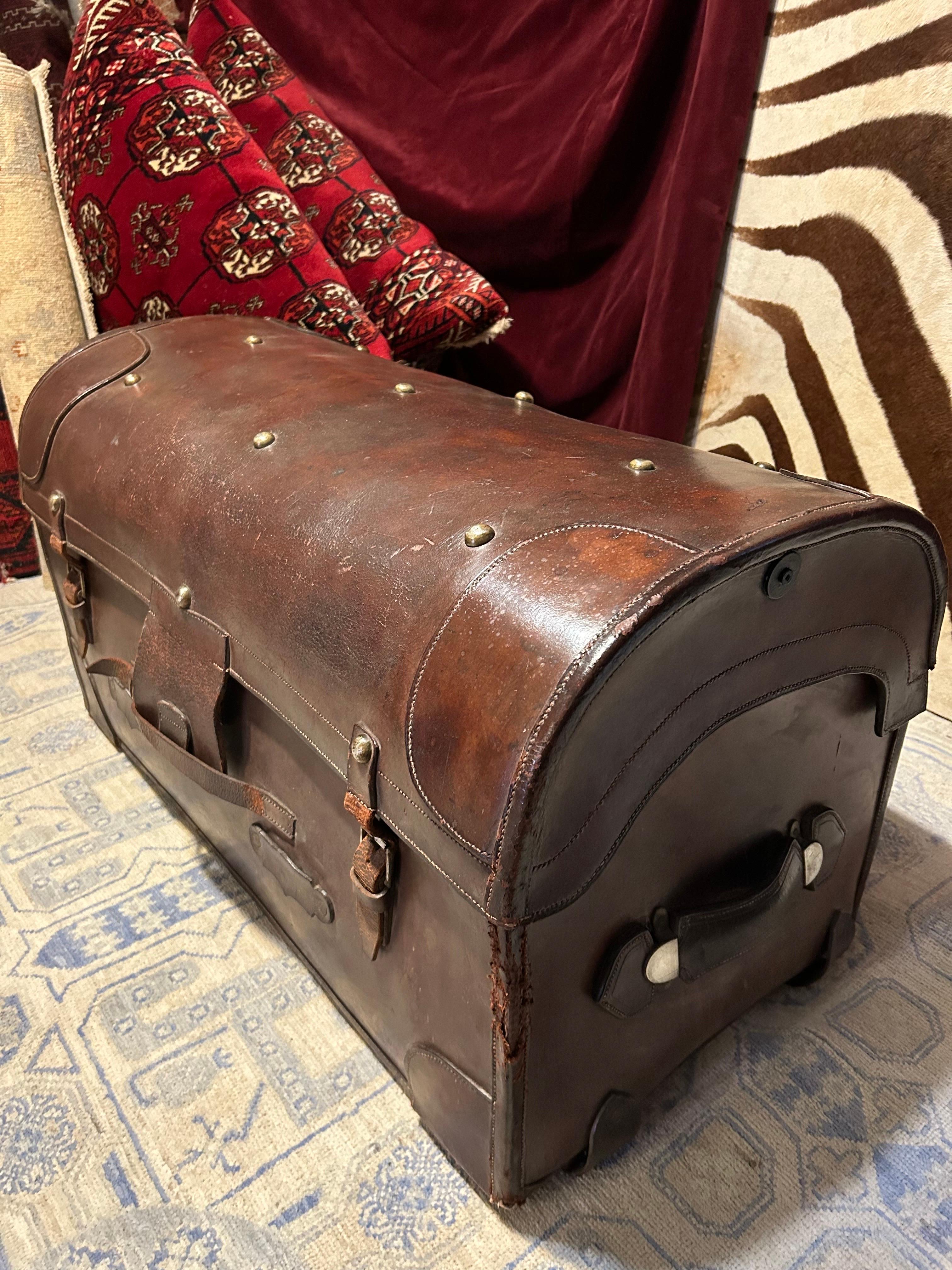 Hand-Crafted Rare Large Colonial British Raj All Leather Military Campaign Chest Stamped For Sale