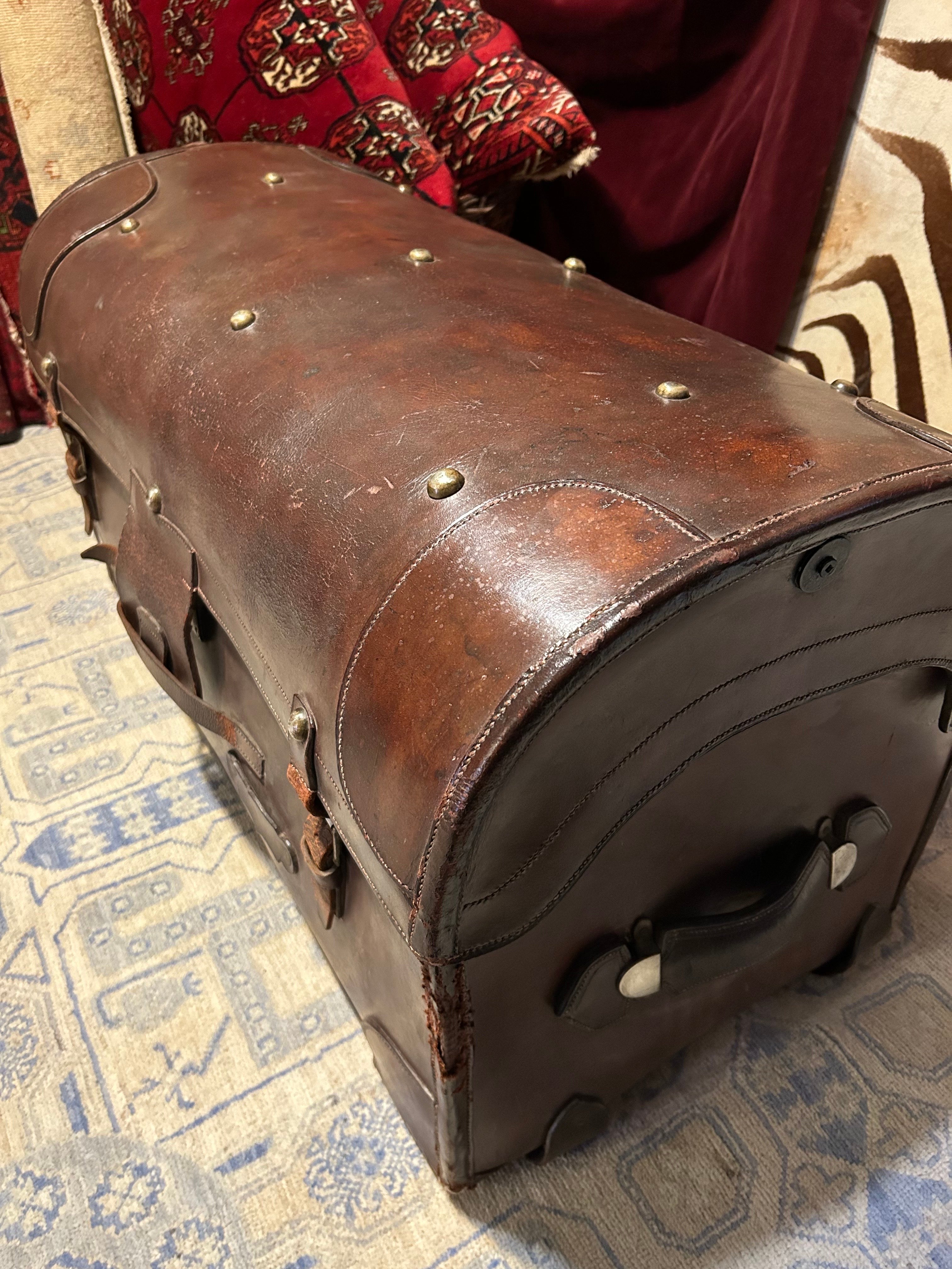 Late 19th Century Rare Large Colonial British Raj All Leather Military Campaign Chest Stamped For Sale