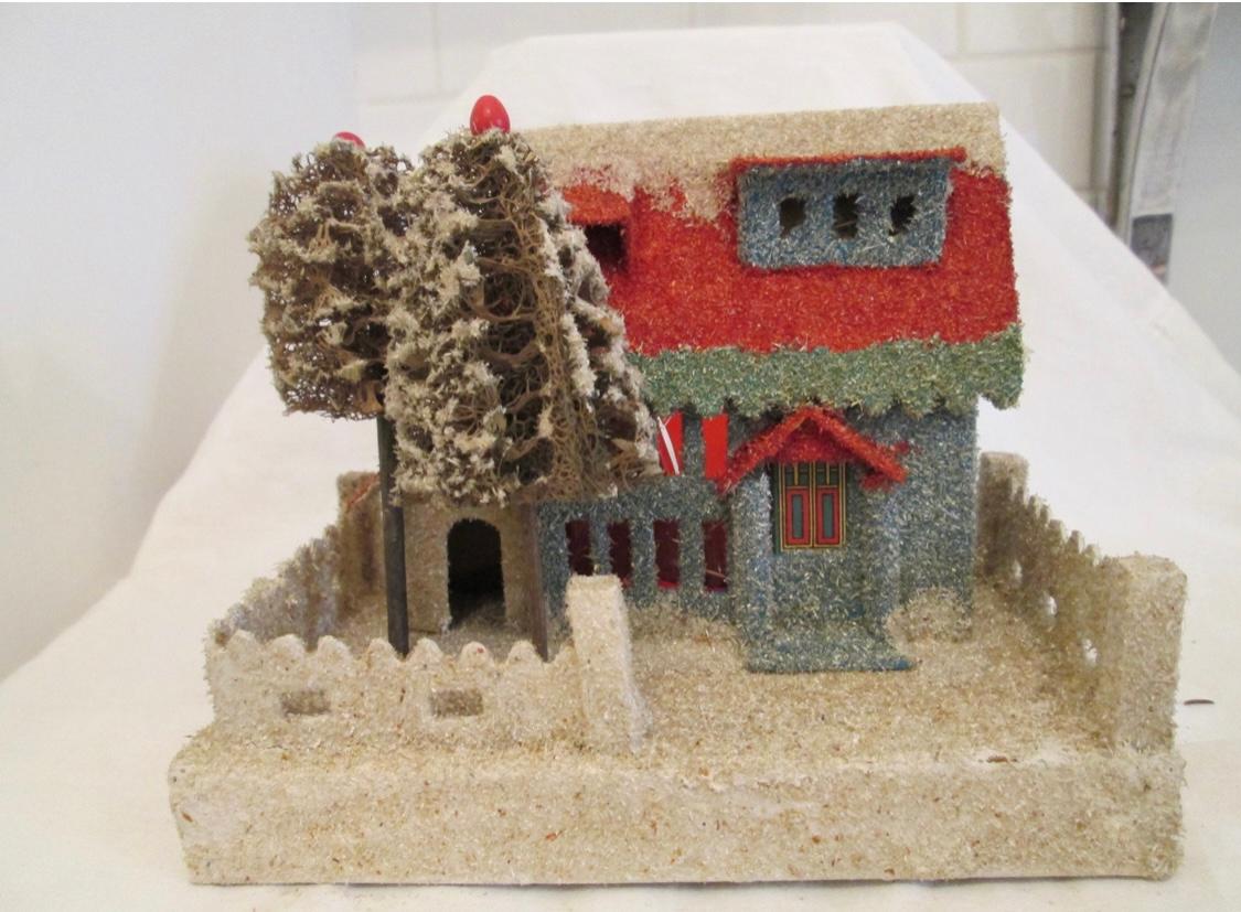 Early 20th Century RARE , LARGE Complete set of 8 Christmas Putz Houses, loofah trees, balconies