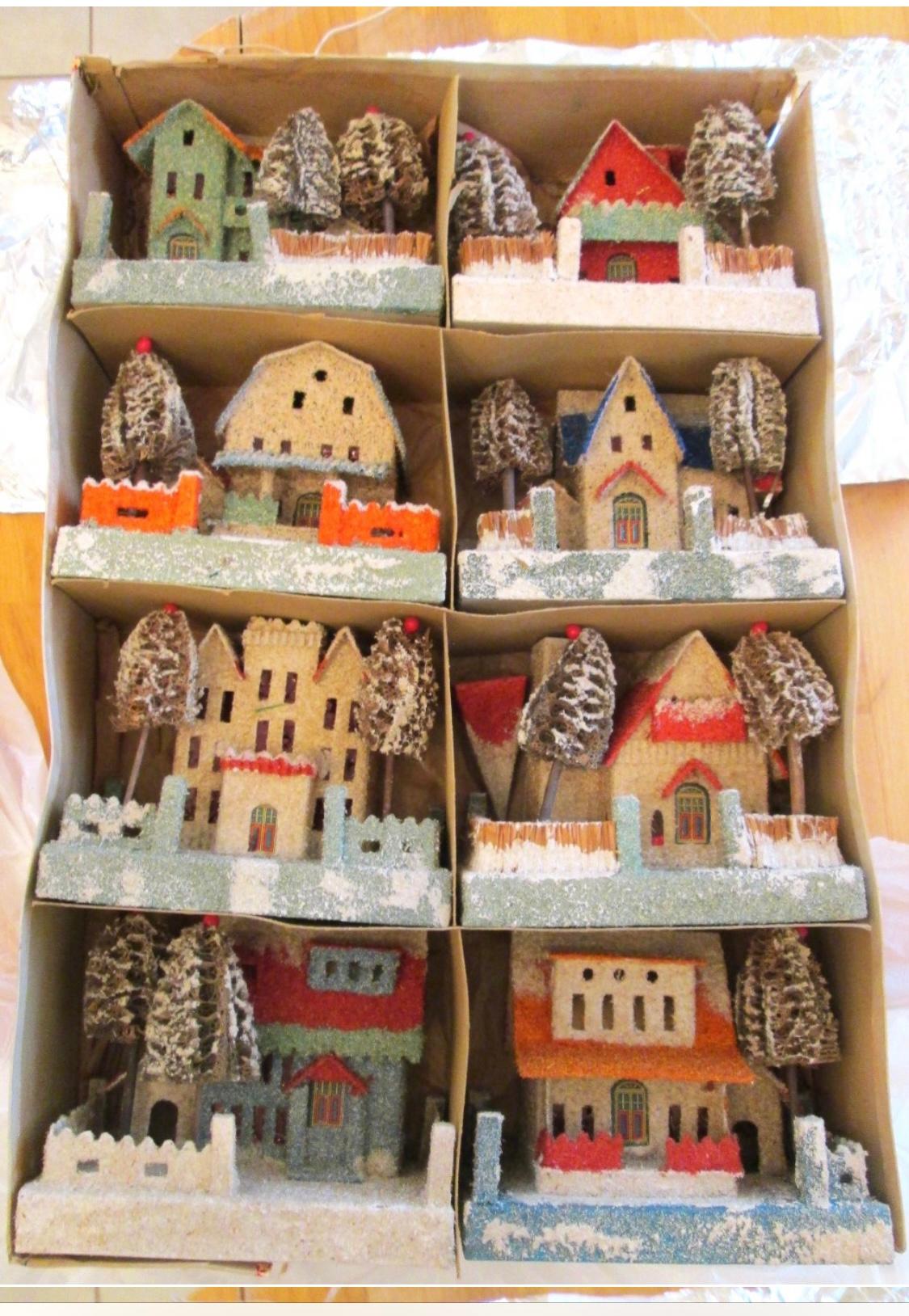 RARE , LARGE Complete set of 8 Christmas Putz Houses, loofah trees, balconies For Sale 1