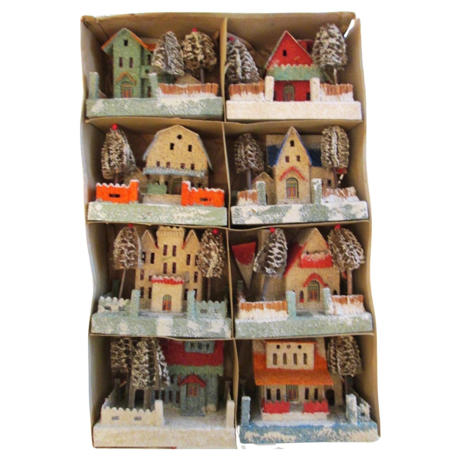 RARE , LARGE Complete set of 8 Christmas Putz Houses, loofah trees, balconies