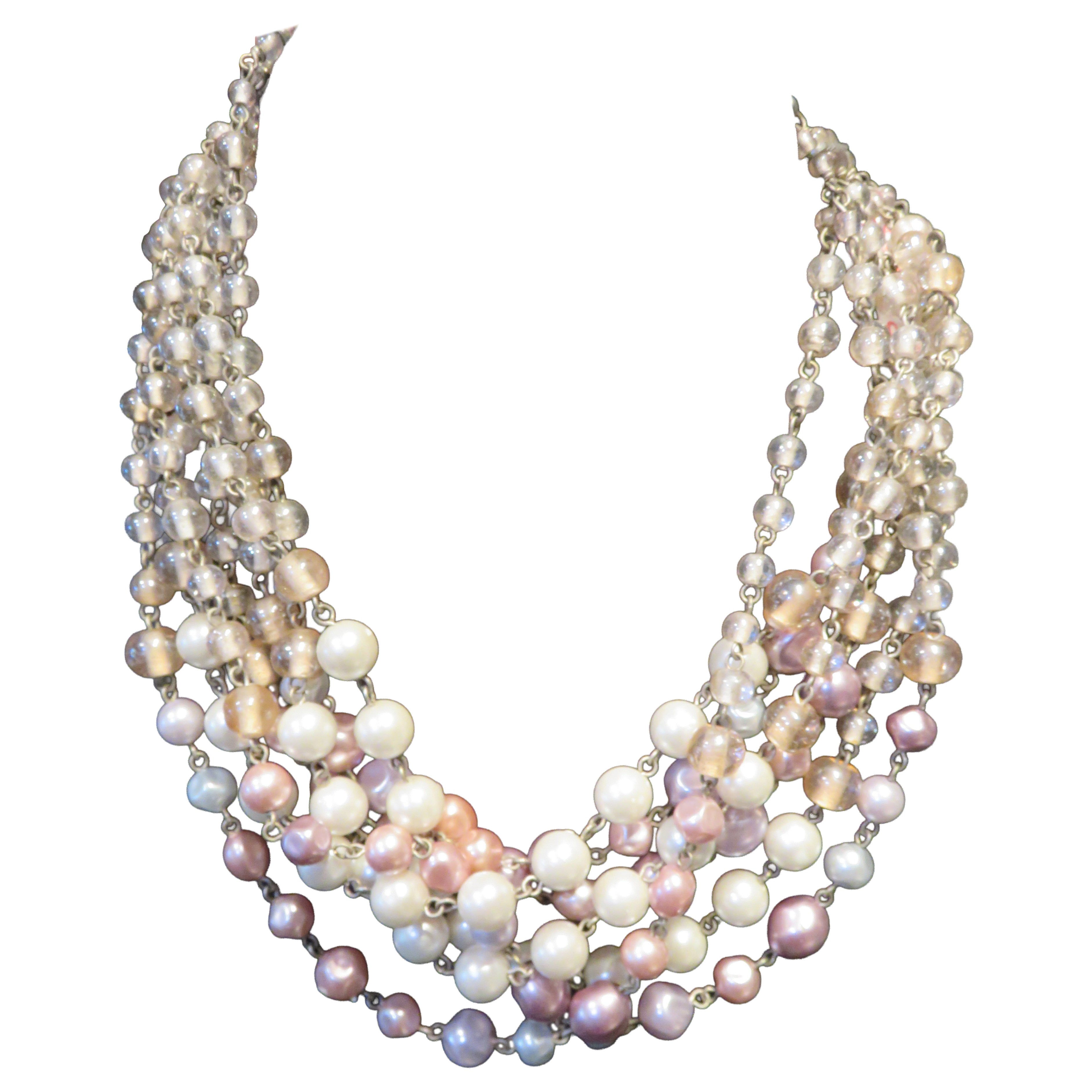 Collar vintage de 7 hileras, poco común, grande y muy elaborado, de perlas cultivadas de agua dulce y abalorios