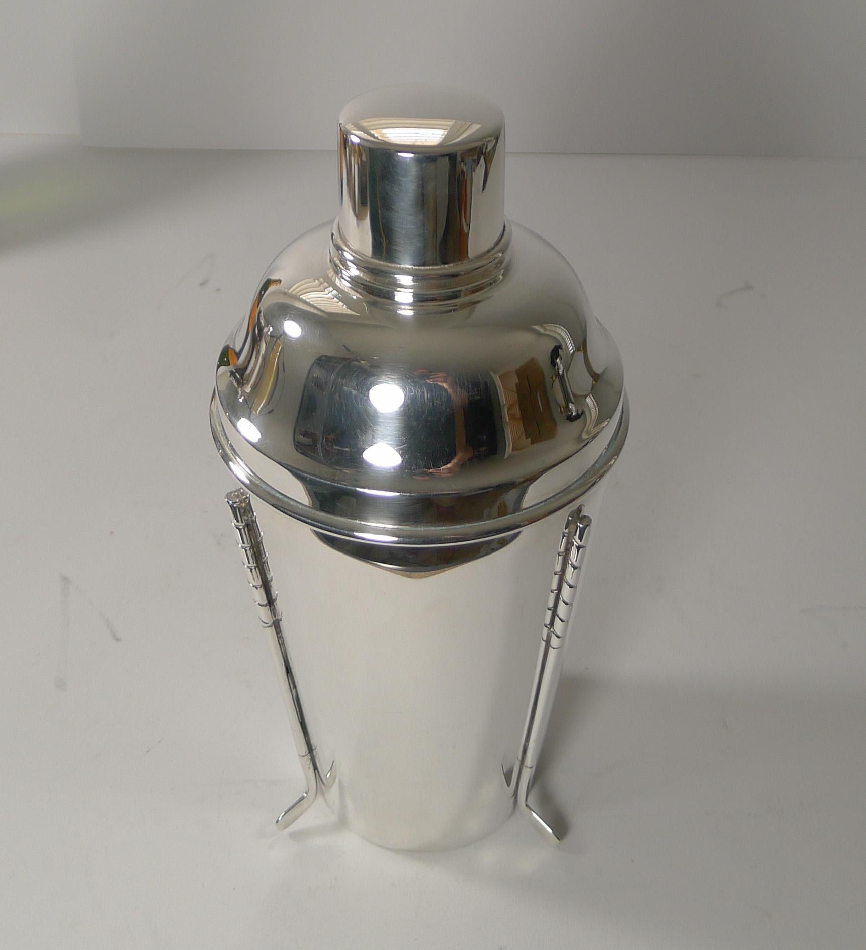 Rare Large English Golfing Cocktail Shaker by Walker & Hall c.1930 In Good Condition In Bath, GB