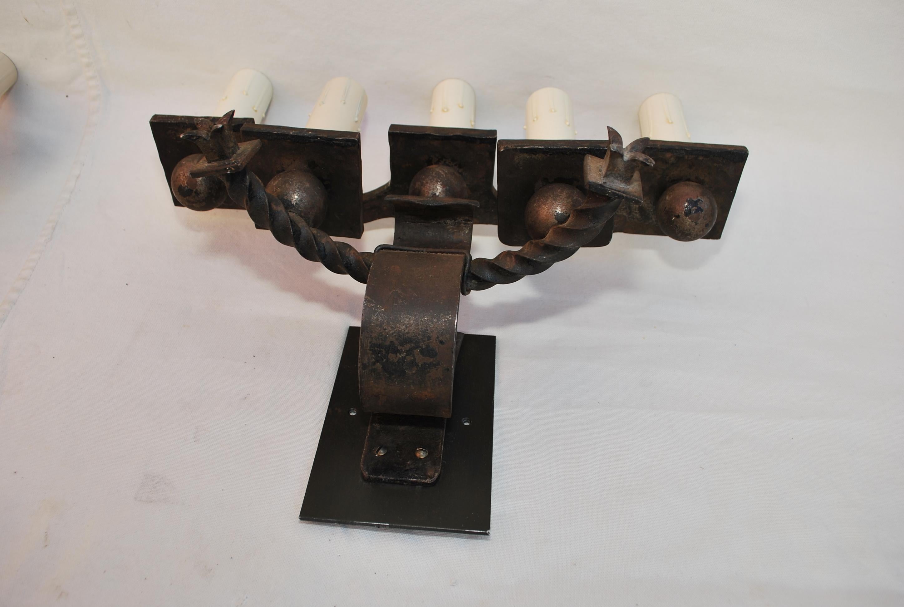 Hammered Rare large French 1920's wrought iron sconces For Sale
