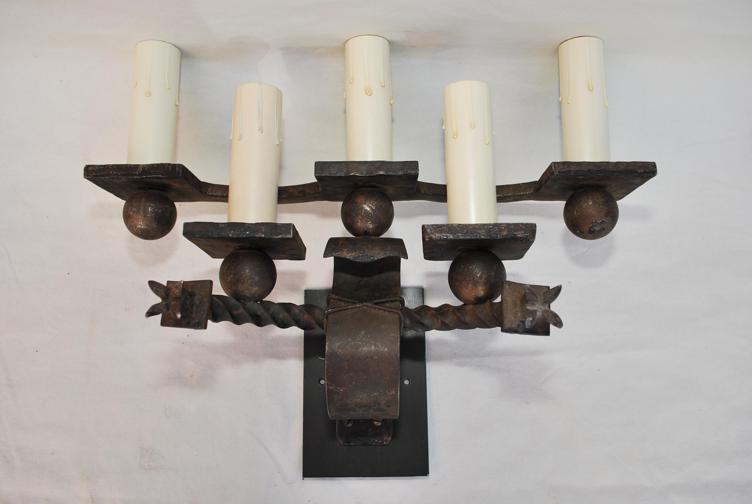 Rare large French 1920's wrought iron sconces In Good Condition For Sale In Los Angeles, CA
