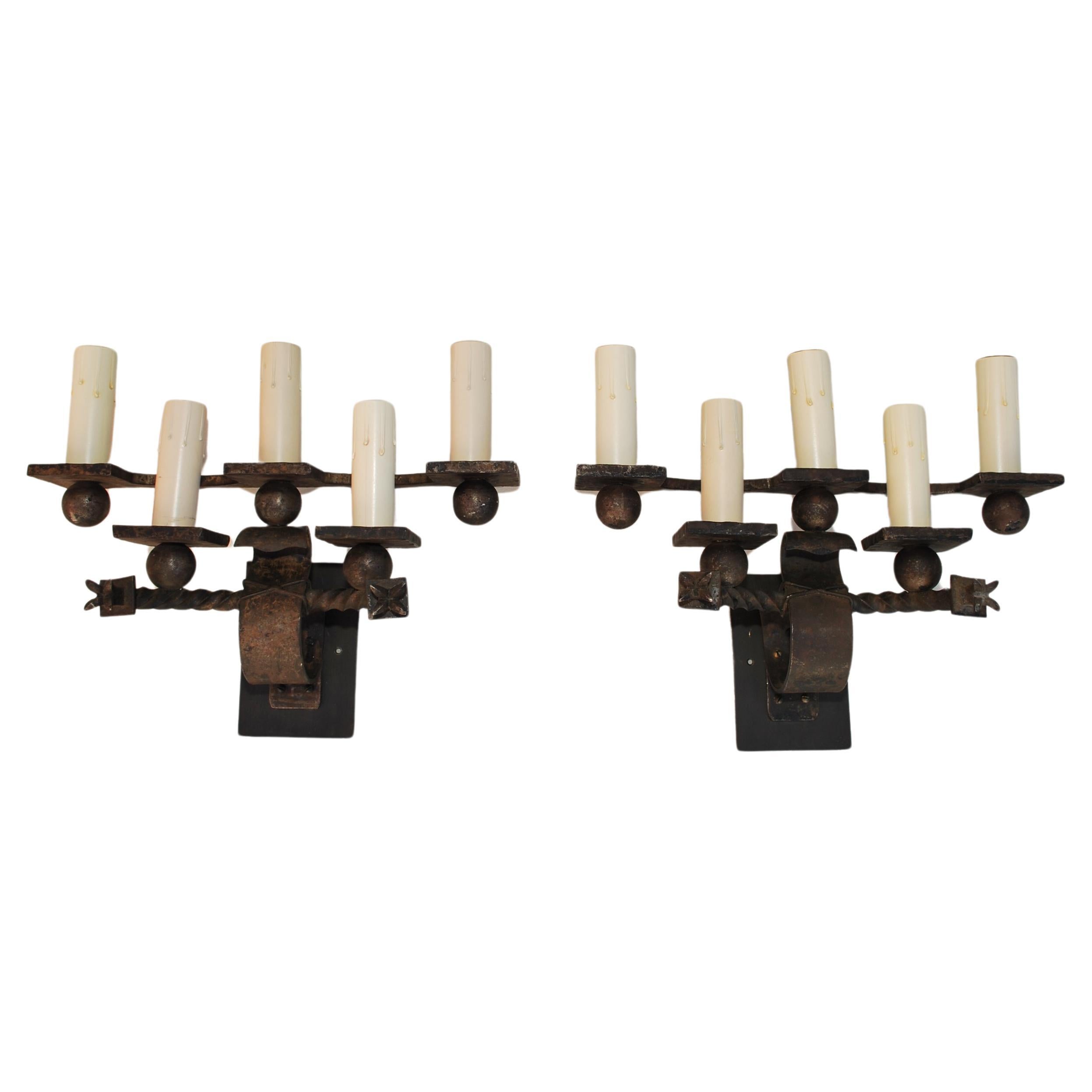 Rare large French 1920's wrought iron sconces For Sale
