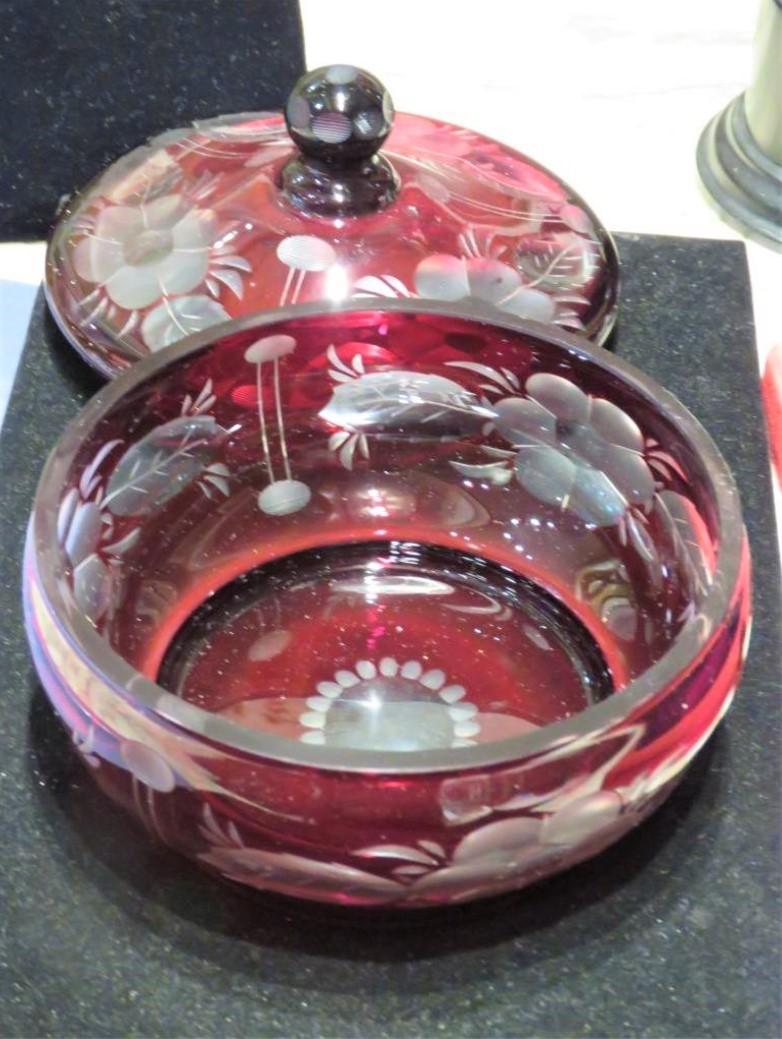 French Cut Rare Large French Bohemian Cranberry Glass Centerpiece Lidded Bowl For Sale
