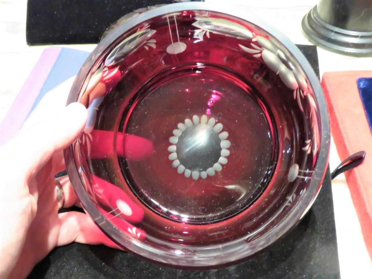 Rare Large French Bohemian Cranberry Glass Centerpiece Lidded Bowl In Good Condition For Sale In New York, NY