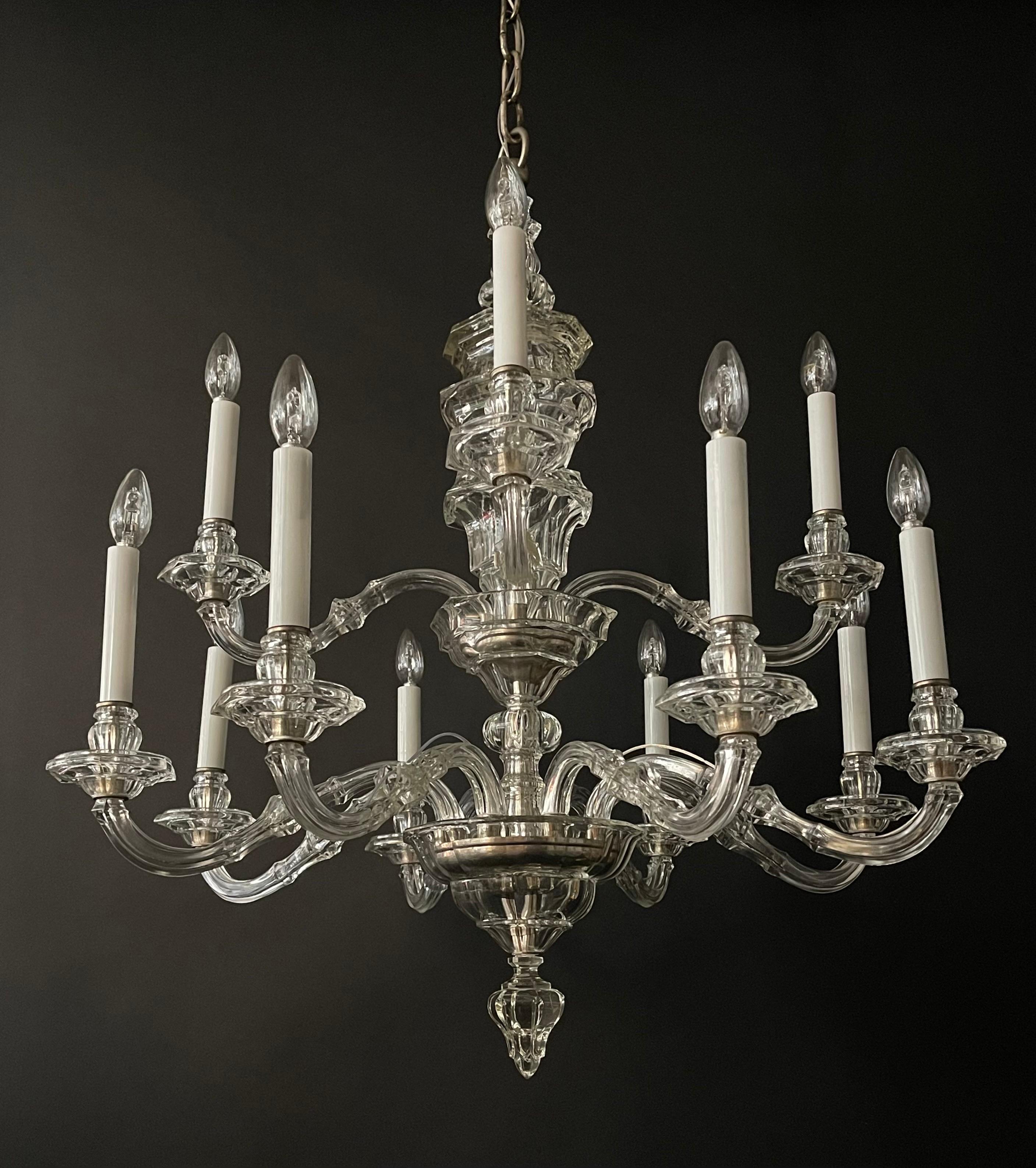 A wonderful, antique and very rare clear glass and silvered brass two- tiered, twelve-light chandelier by J. & L. Lobmeyr (signed), Vienna, Austria, Late 19th.
Measure: Diameter : 33.46 inches 
Height without chain and canopy : 39.37 inches