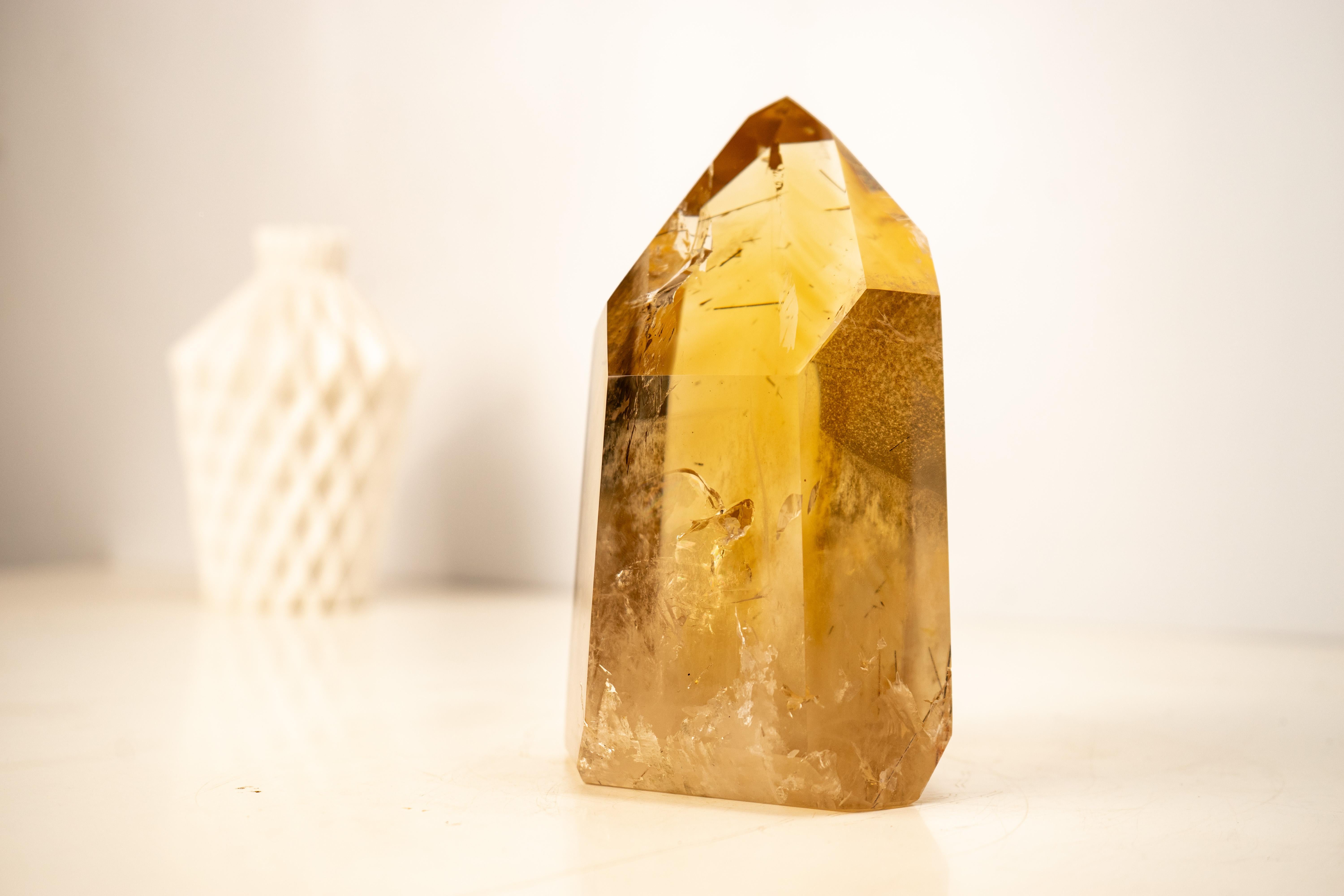 Contemporary Rare Large Golden Orange Citrine Obelisk Tower with Graphite Rutile Inclusions For Sale