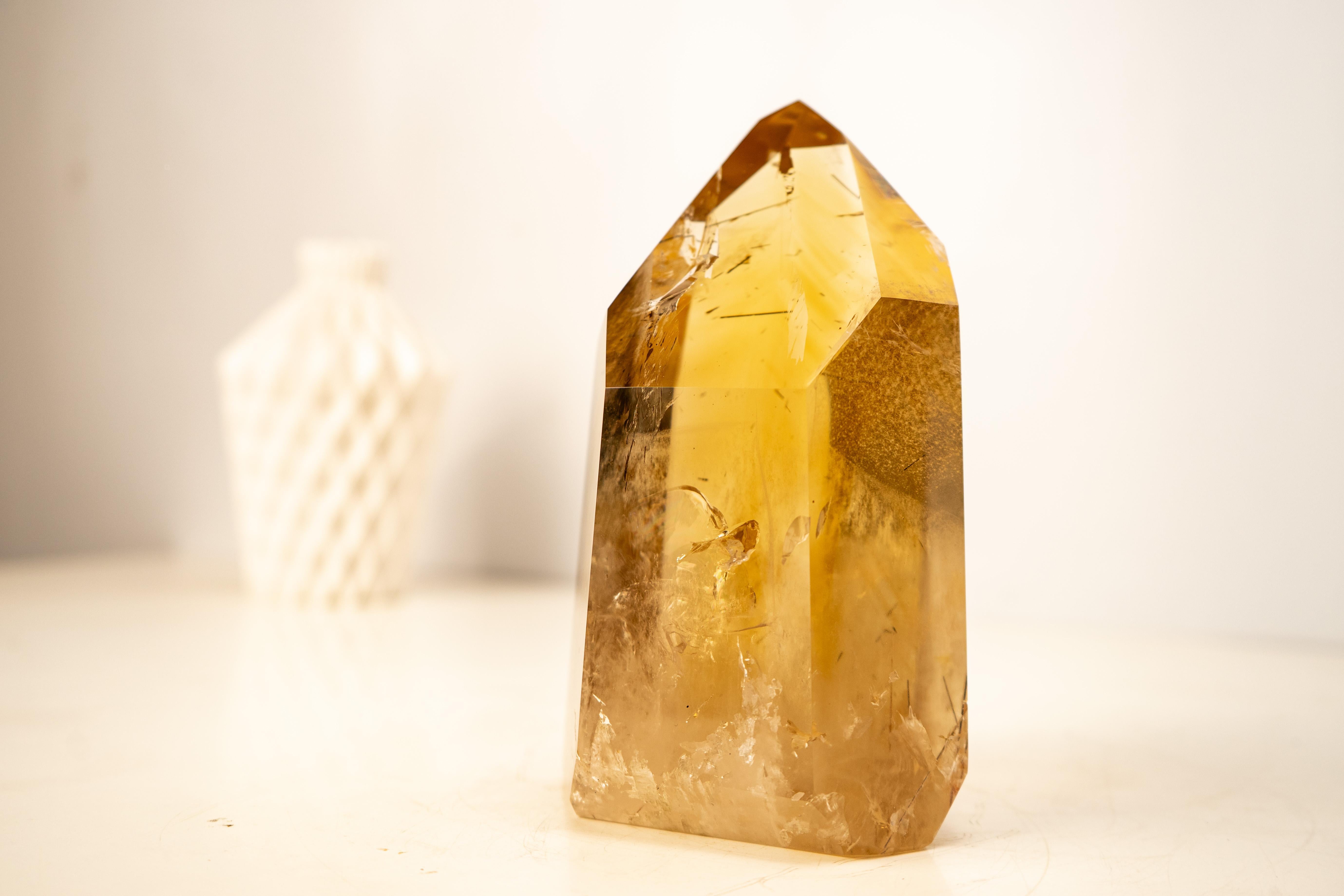 Crystal Rare Large Golden Orange Citrine Obelisk Tower with Graphite Rutile Inclusions For Sale