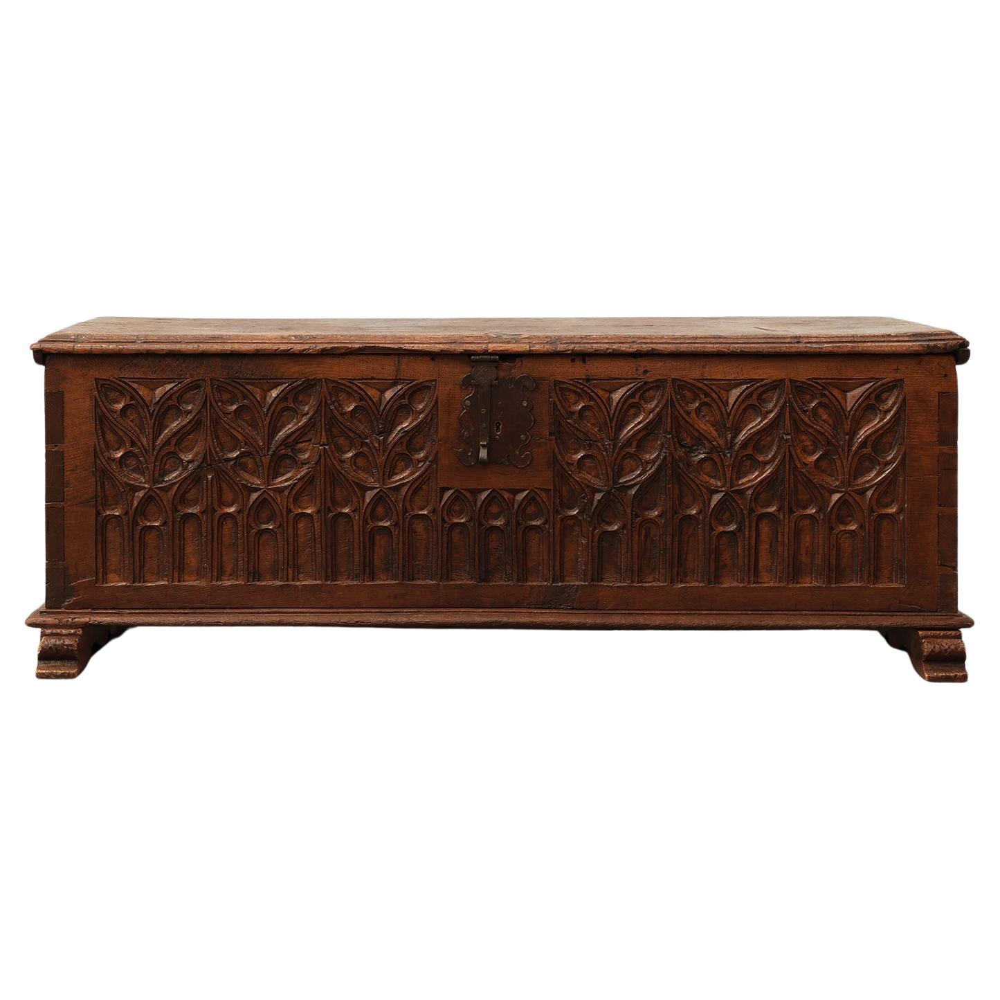 Rare Large Gothic 16th century carved solid oak chest, France