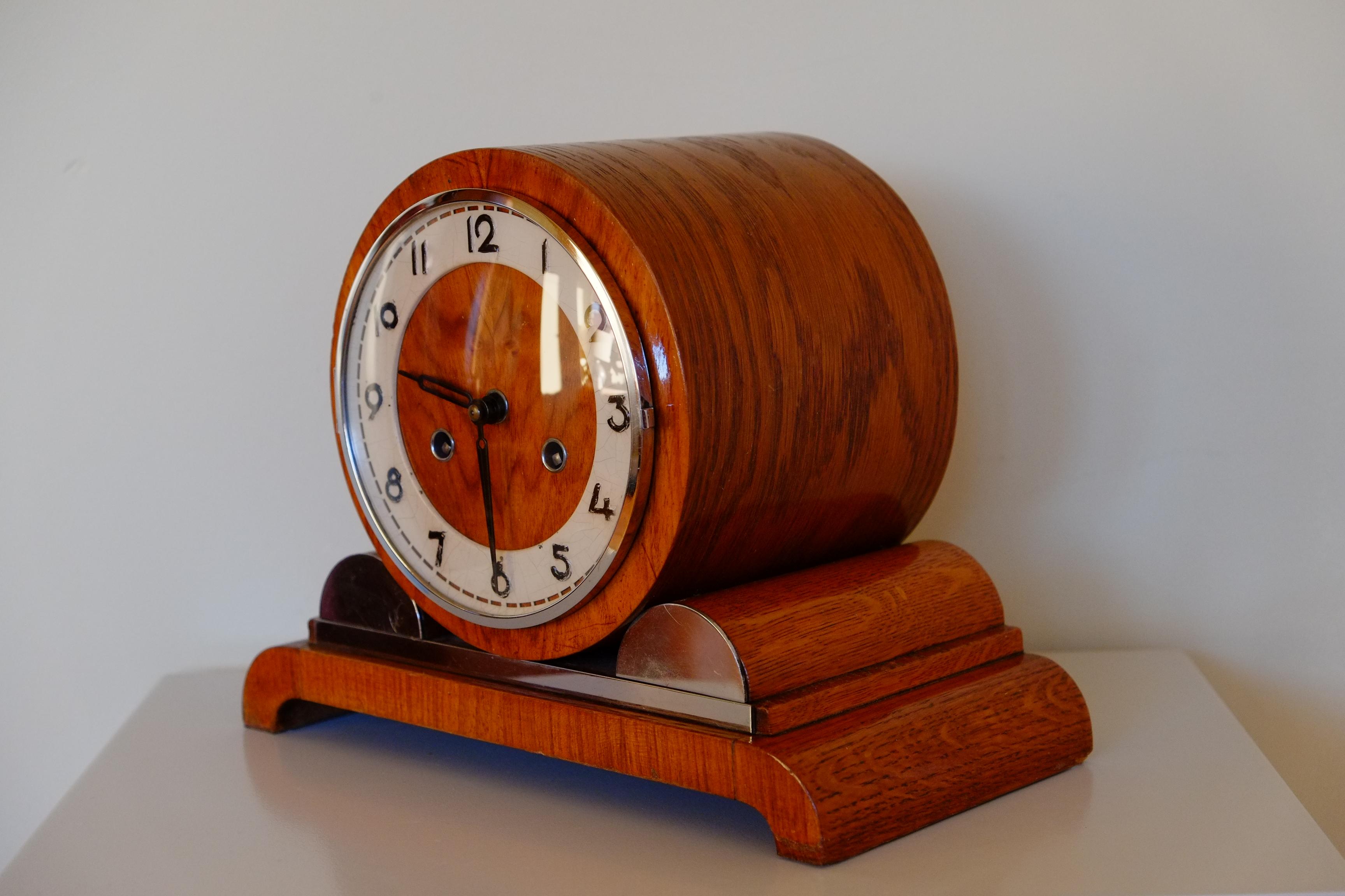 Enamel Rare Large Hermle German Bauhaus Wooden Mantle Clock with Chimes