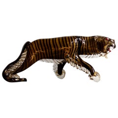 Rare grande sculpture italienne en verre d'art de Murano représentant un tigre