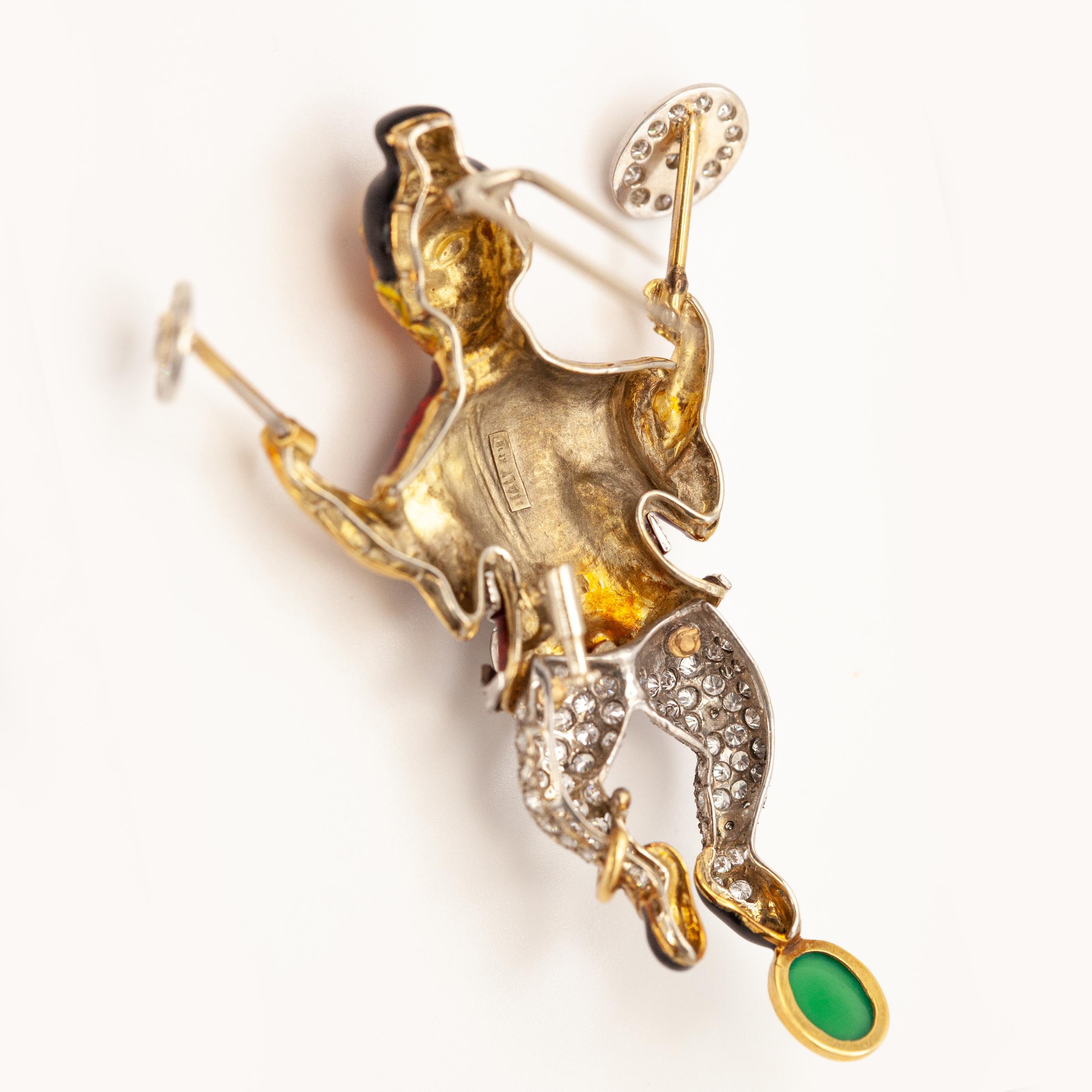 18K Yellow Gold Diamond Enamel Juggler Brooch For Sale 6