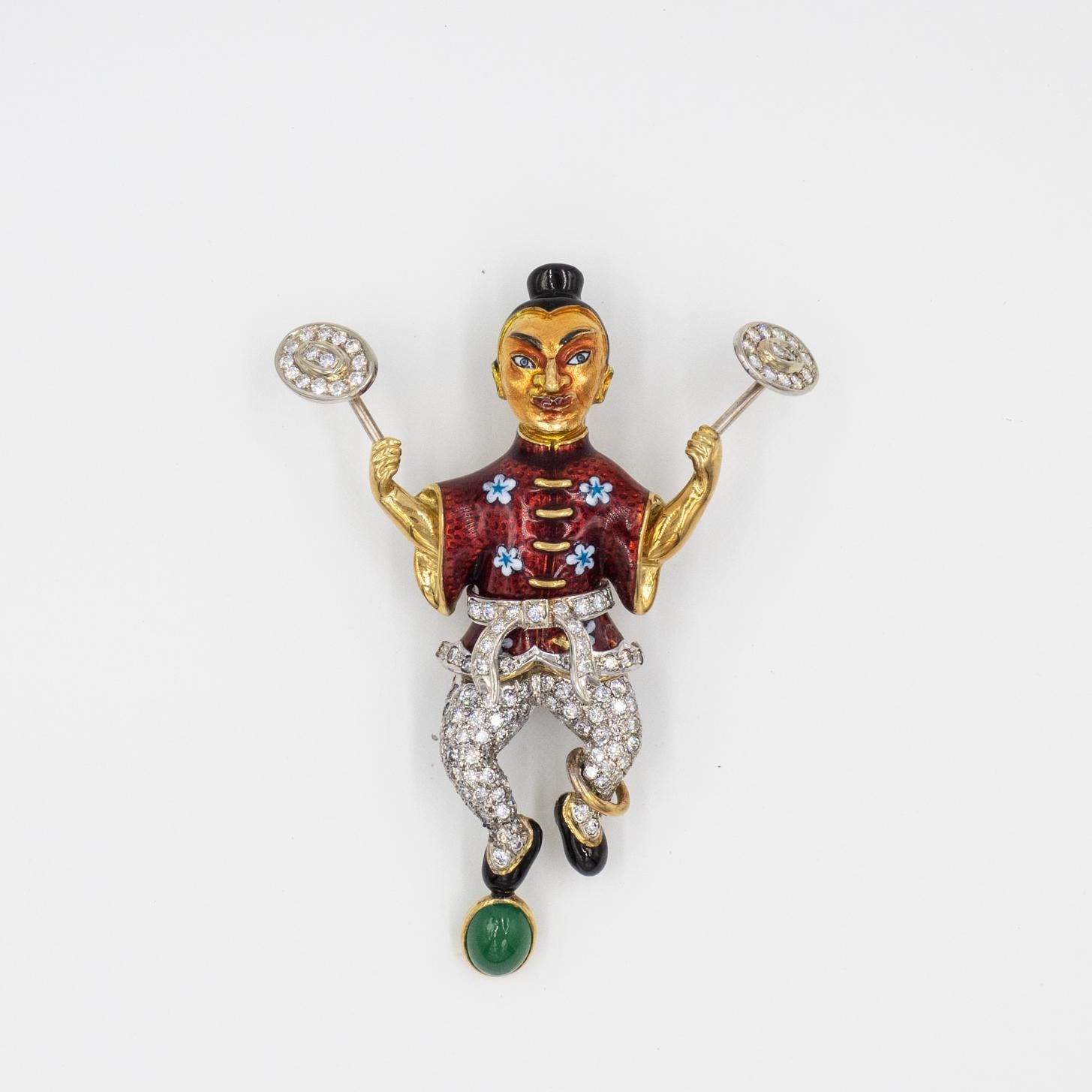 Italy 18K yellow gold diamond enamel acrobat large brooch with 131 round brilliant cut diamonds approximate 3.94 carats in G color VS-SI clarity

Approximate Weight ~ 27.1grams
Approximate Measurement: 80mm x 57mm
Hallmarks: Italy Kt 18