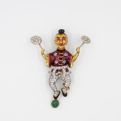 18K Yellow Gold Diamond Jade Enamel Juggler Brooch
