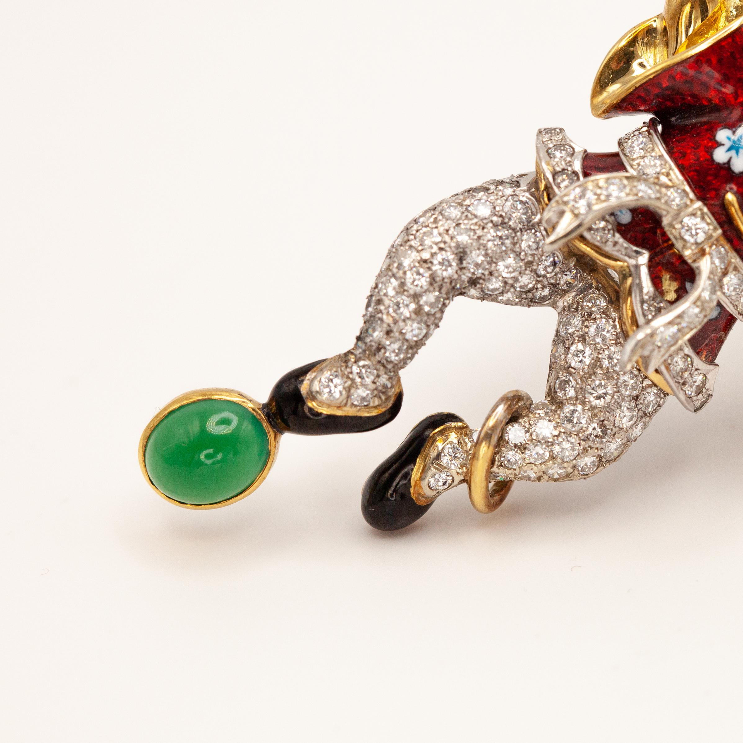 18K Yellow Gold Diamond Enamel Juggler Brooch In Excellent Condition For Sale In New York, NY