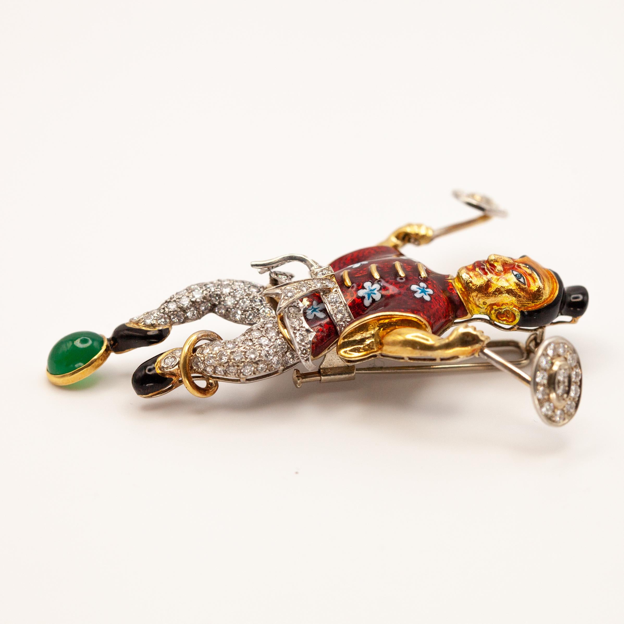 18K Yellow Gold Diamond Enamel Juggler Brooch For Sale 3