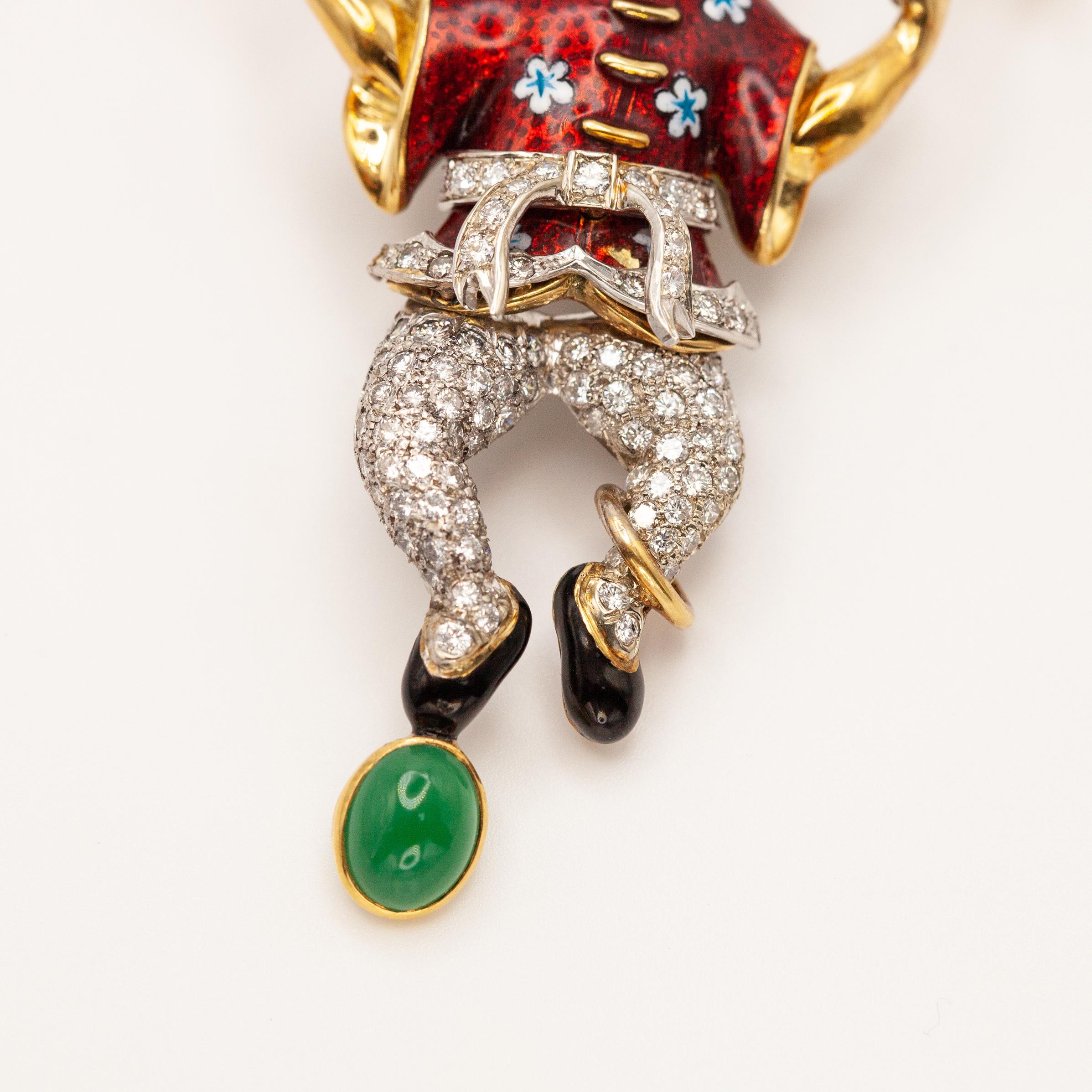 18K Yellow Gold Diamond Enamel Juggler Brooch For Sale 1
