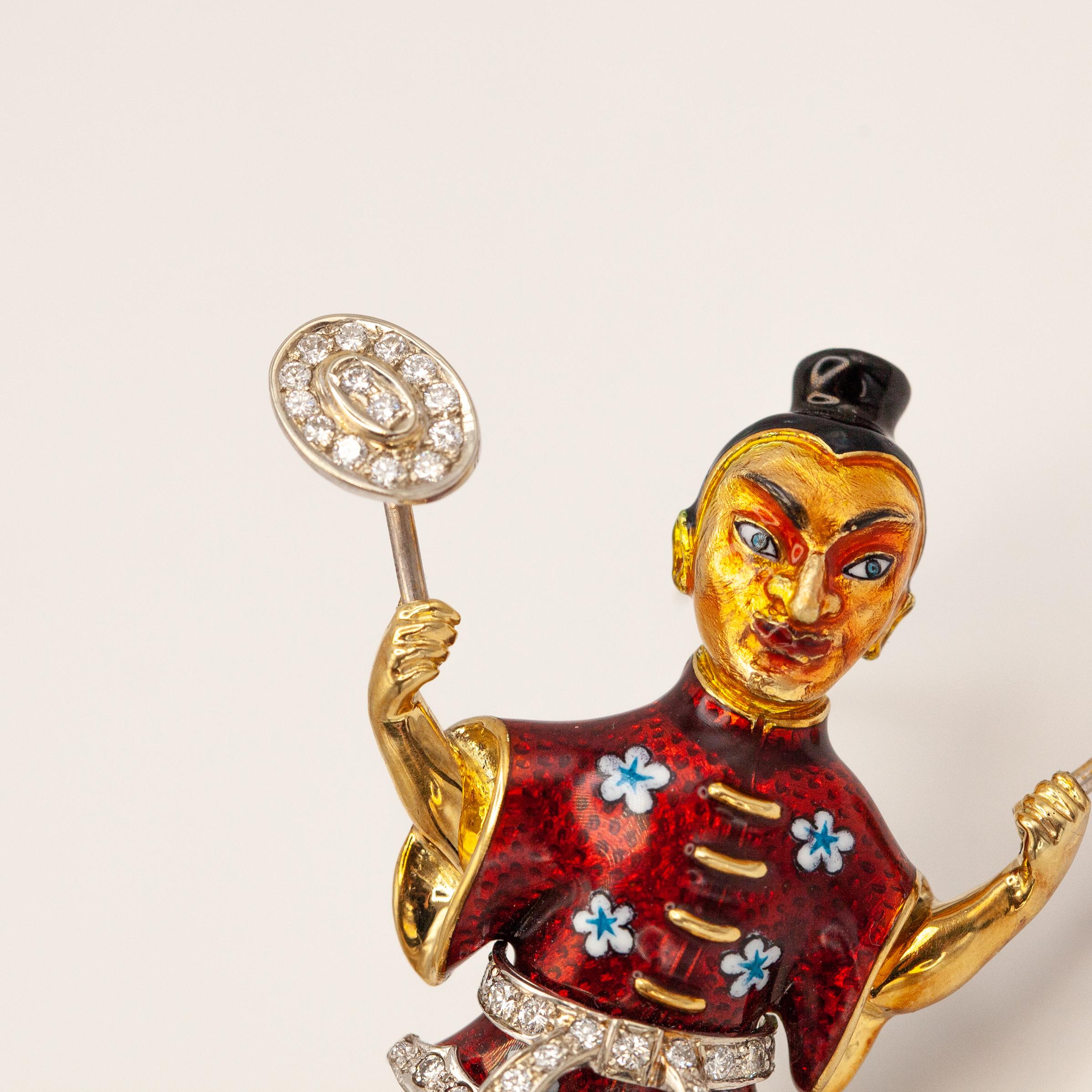 Round Cut 18K Yellow Gold Diamond Enamel Juggler Brooch For Sale