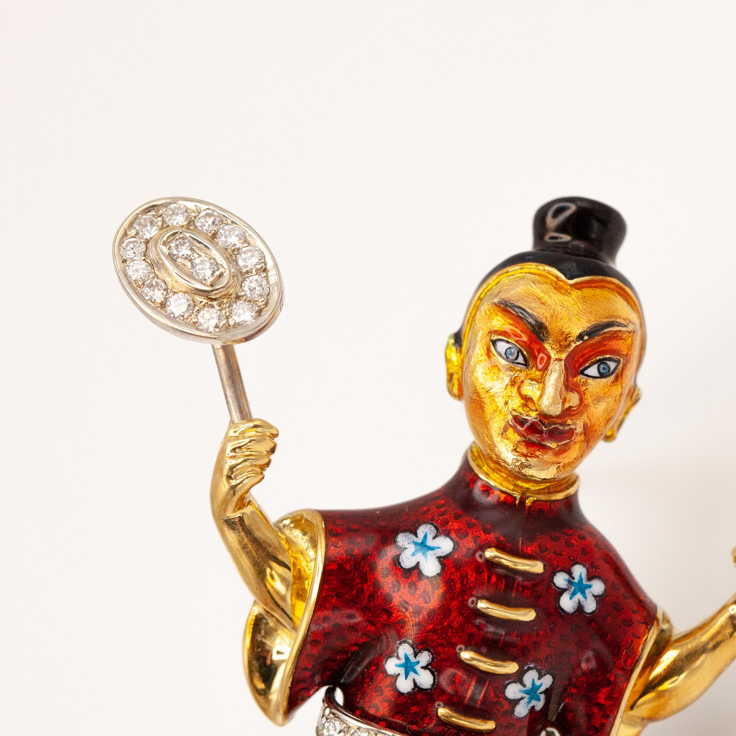 Modern 18K Yellow Gold Diamond Enamel Juggler Brooch For Sale