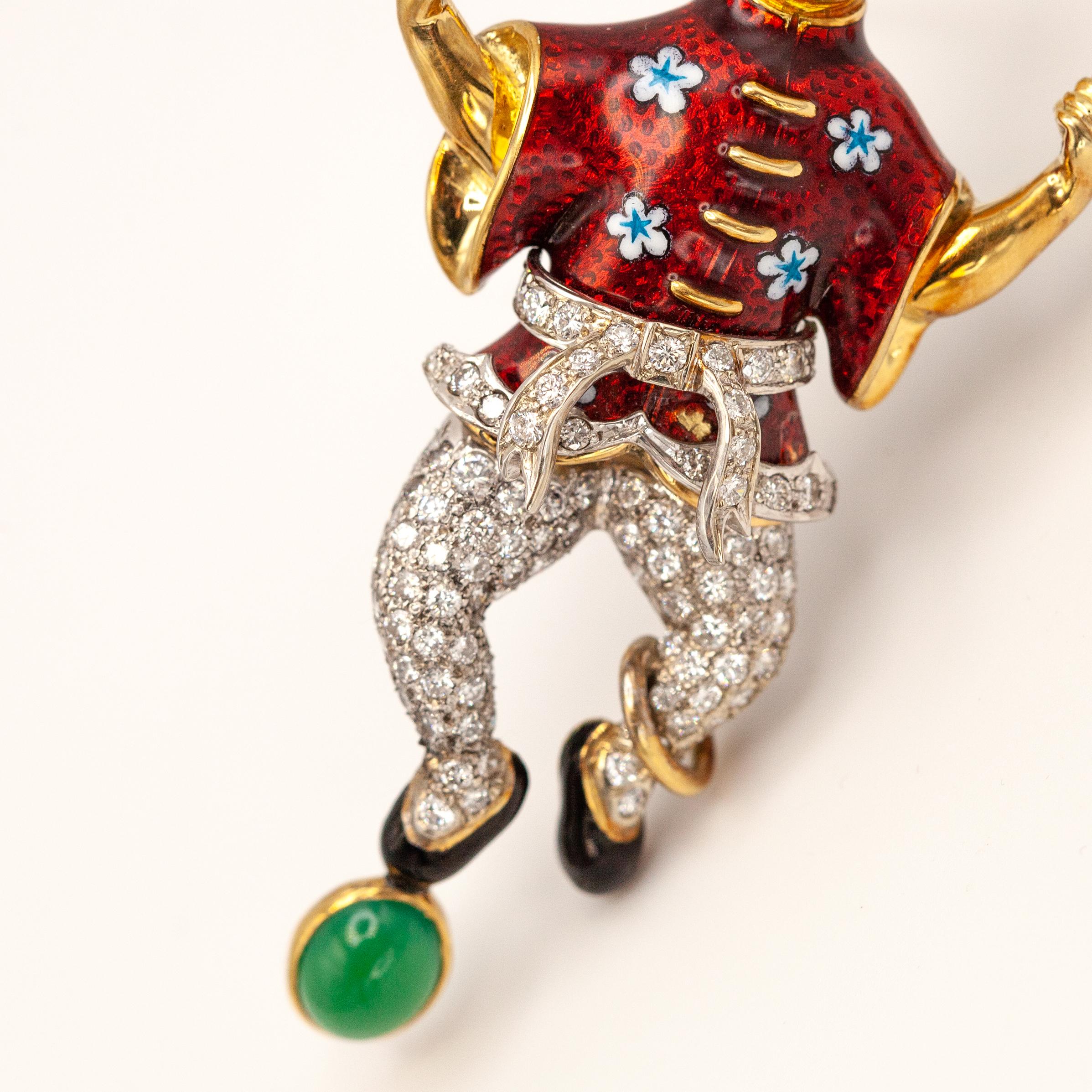 Women's or Men's 18K Yellow Gold Diamond Enamel Juggler Brooch For Sale