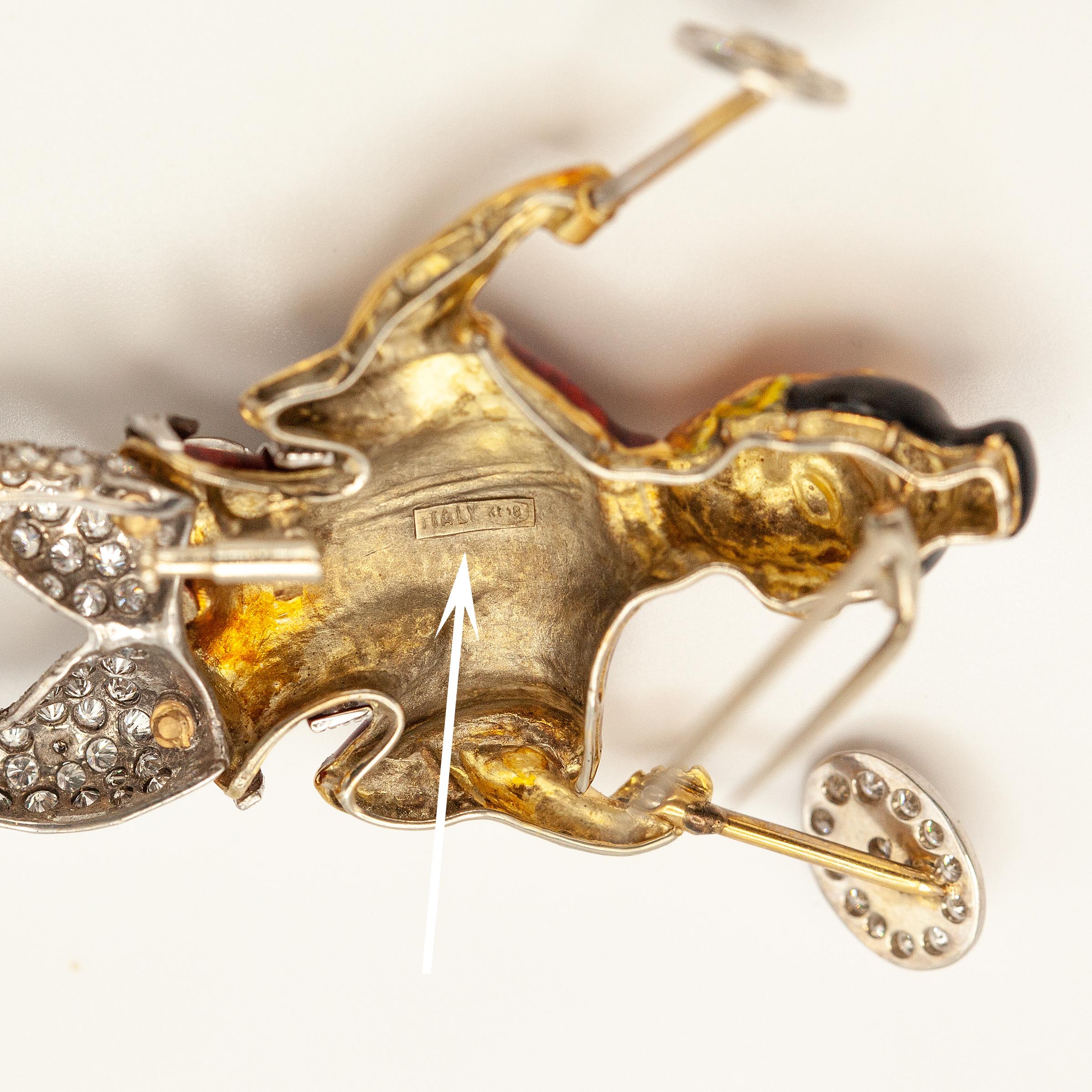 18K Yellow Gold Diamond Enamel Juggler Brooch For Sale 5