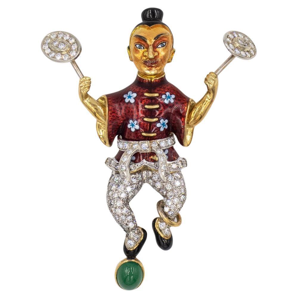 18K Yellow Gold Diamond Enamel Juggler Brooch