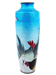 Rare Large Japanese Cloisonne Ginbari And Enamel Vase Cranes And Roosters Blue