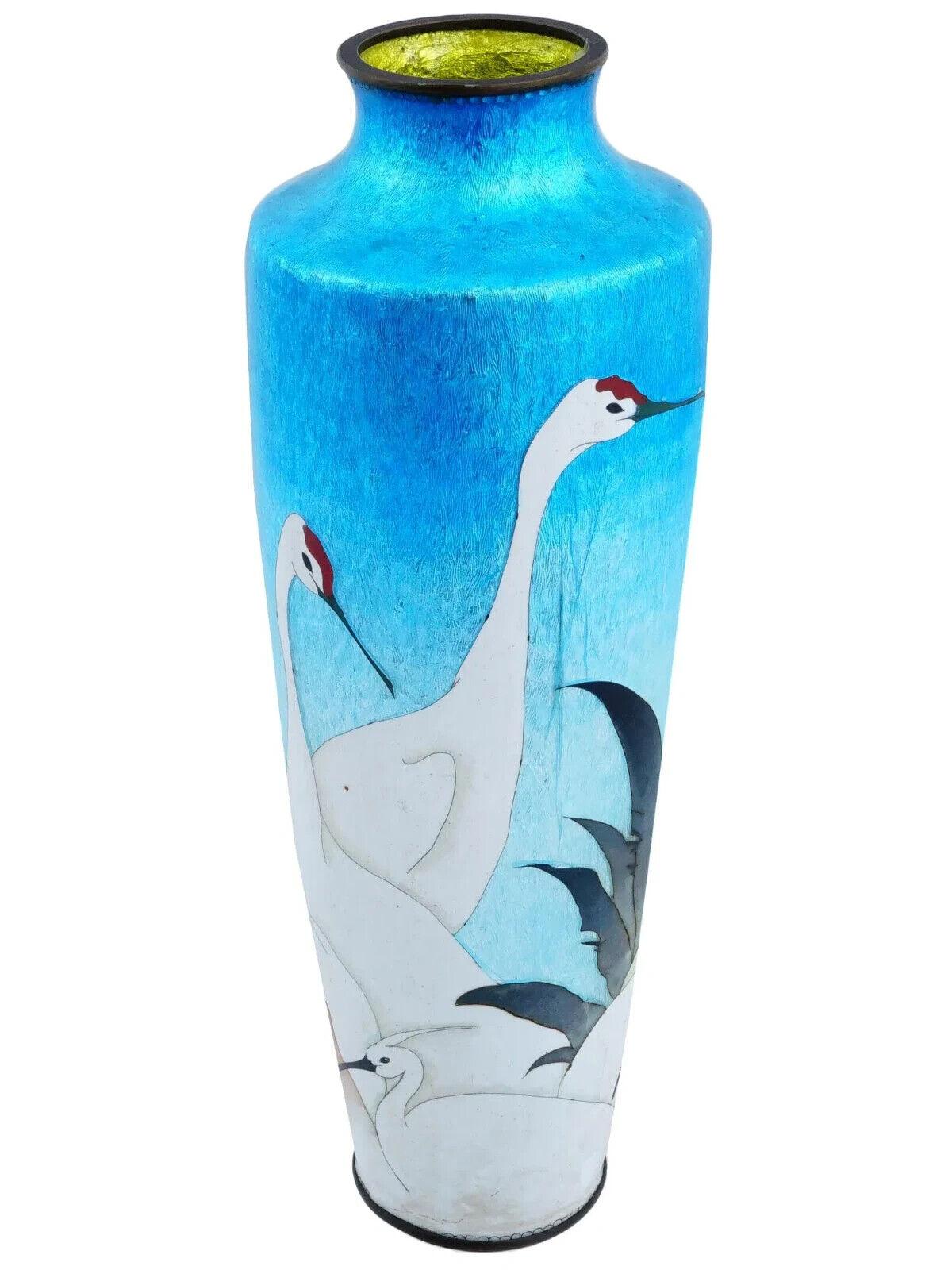 Cloissoné Rare Large Japanese Cloisonne Ginbari And Enamel Vase Cranes And Roosters Blue For Sale