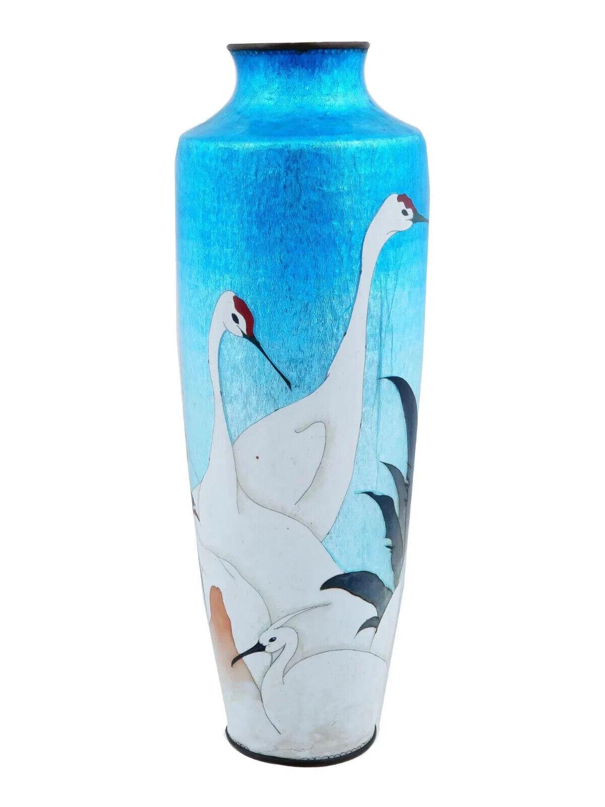 Rare Large Japanese Cloisonne Ginbari And Enamel Vase Cranes And Roosters Blue In Good Condition For Sale In New York, NY