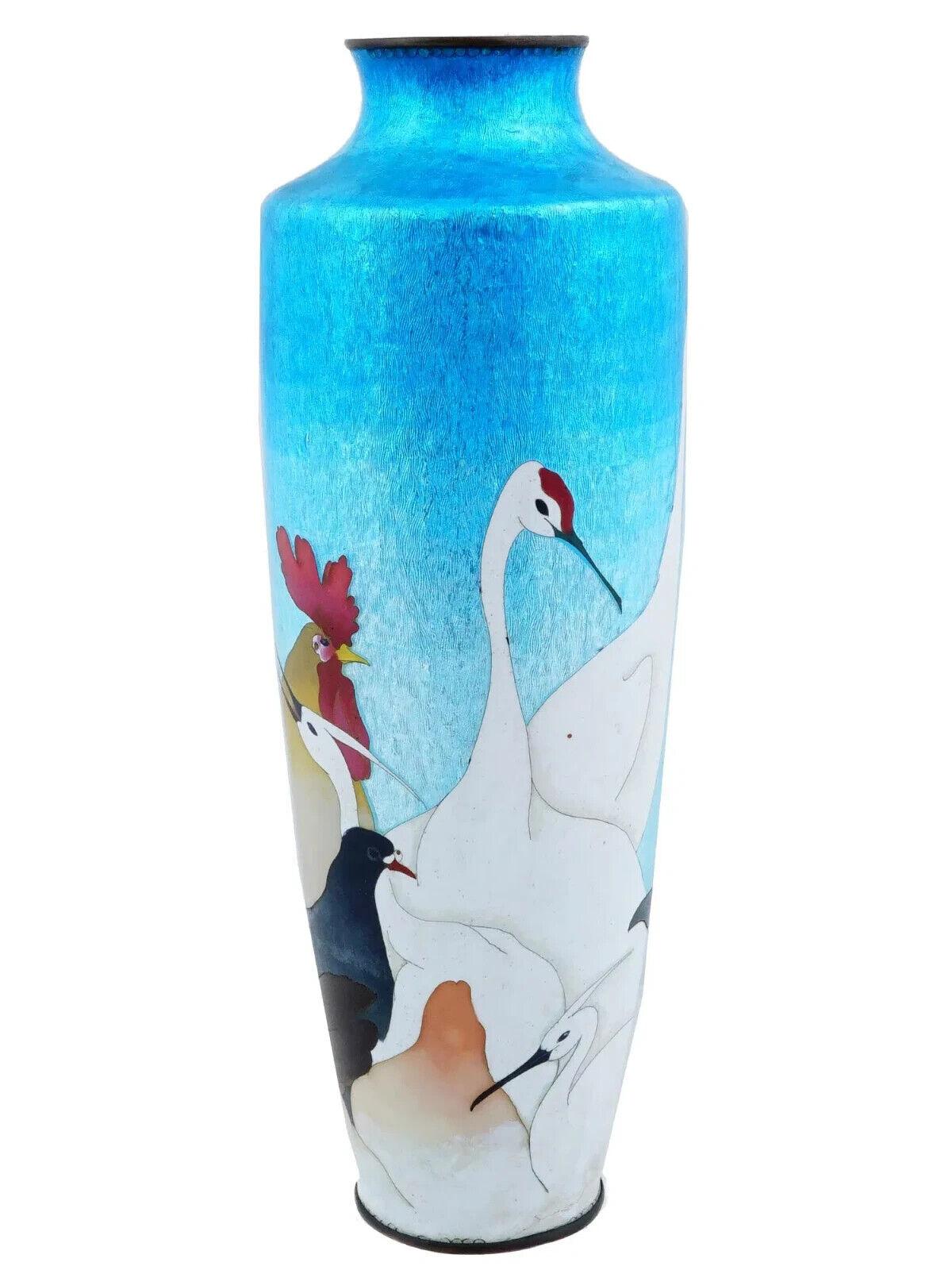 19th Century Rare Large Japanese Cloisonne Ginbari And Enamel Vase Cranes And Roosters Blue For Sale