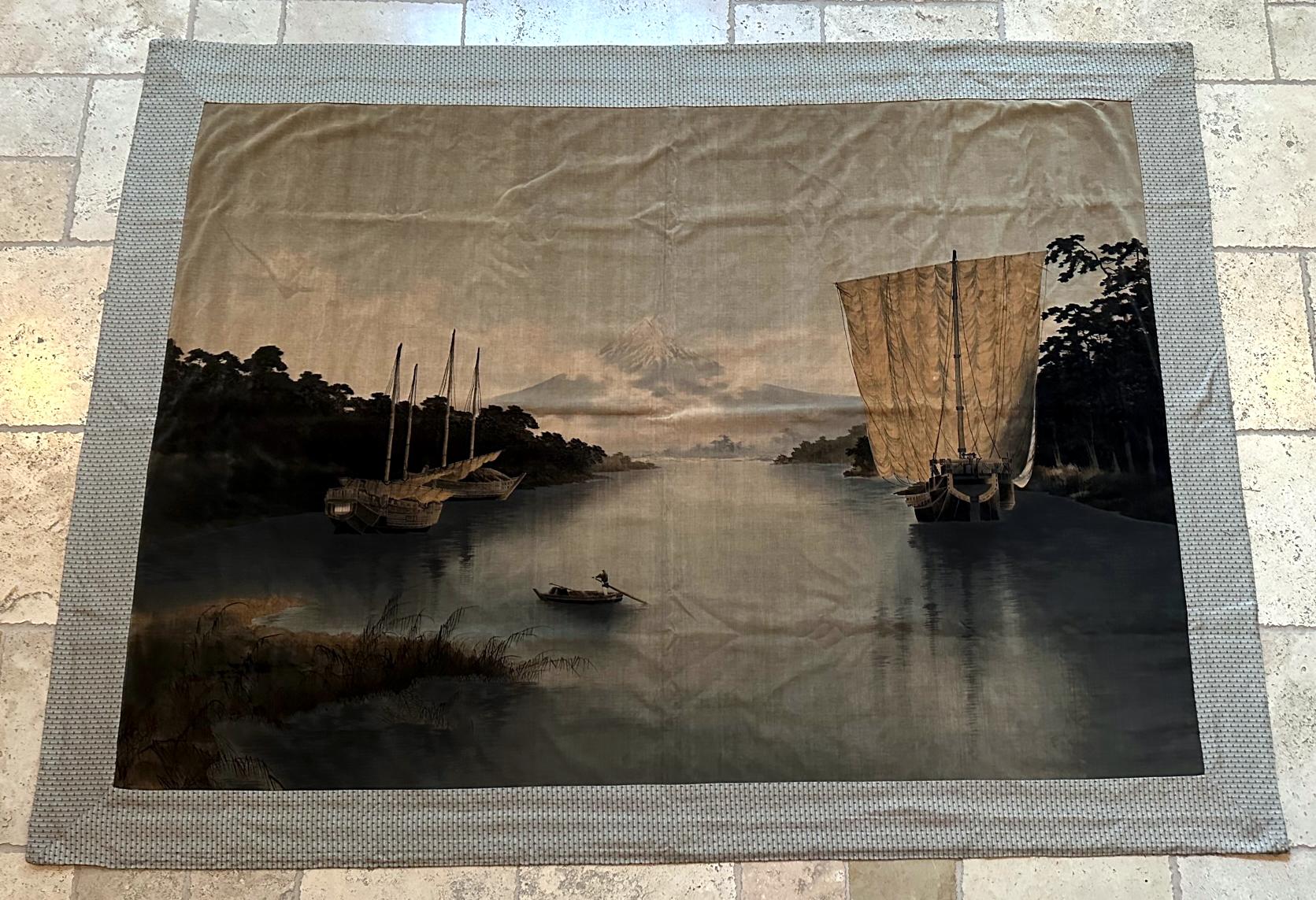 A large Japanese wall-hanging tapestry made from resistant dye painted cut and uncut velvet (the technique is known as yūzen birodo in Japanese). The tapestry is dated to late Meiji period (circa 1900-1920s) and likely a piece made for exposition in