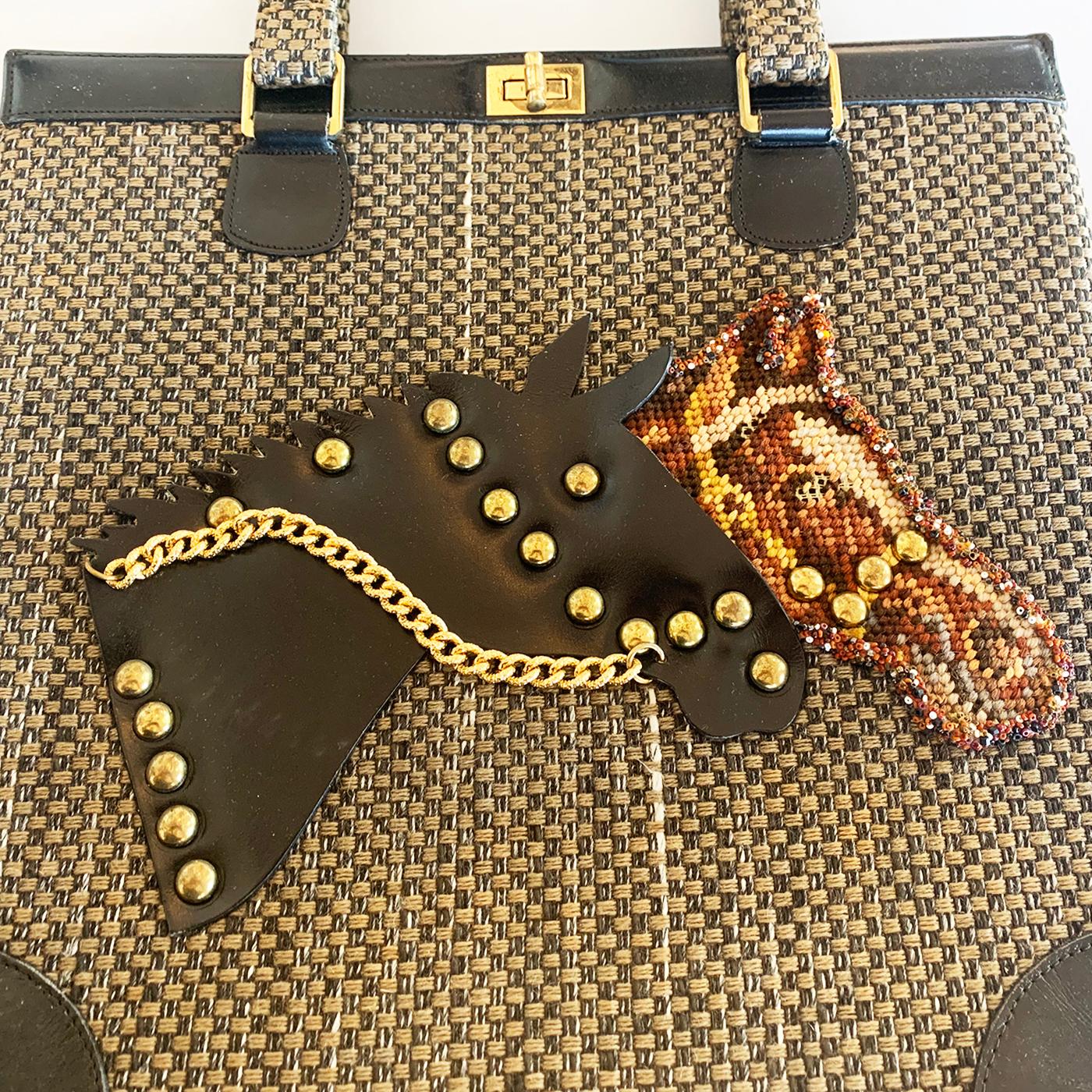 Mid Century Handbag  with two Horses to front. Production and design by “Jolles Original” for “Dottie Berke”, as tagged to interior, plus “Handbags – Jewelry”, over “Invington, New Jersey”  (USA). A real Fun design with 2 horse heads to front, one
