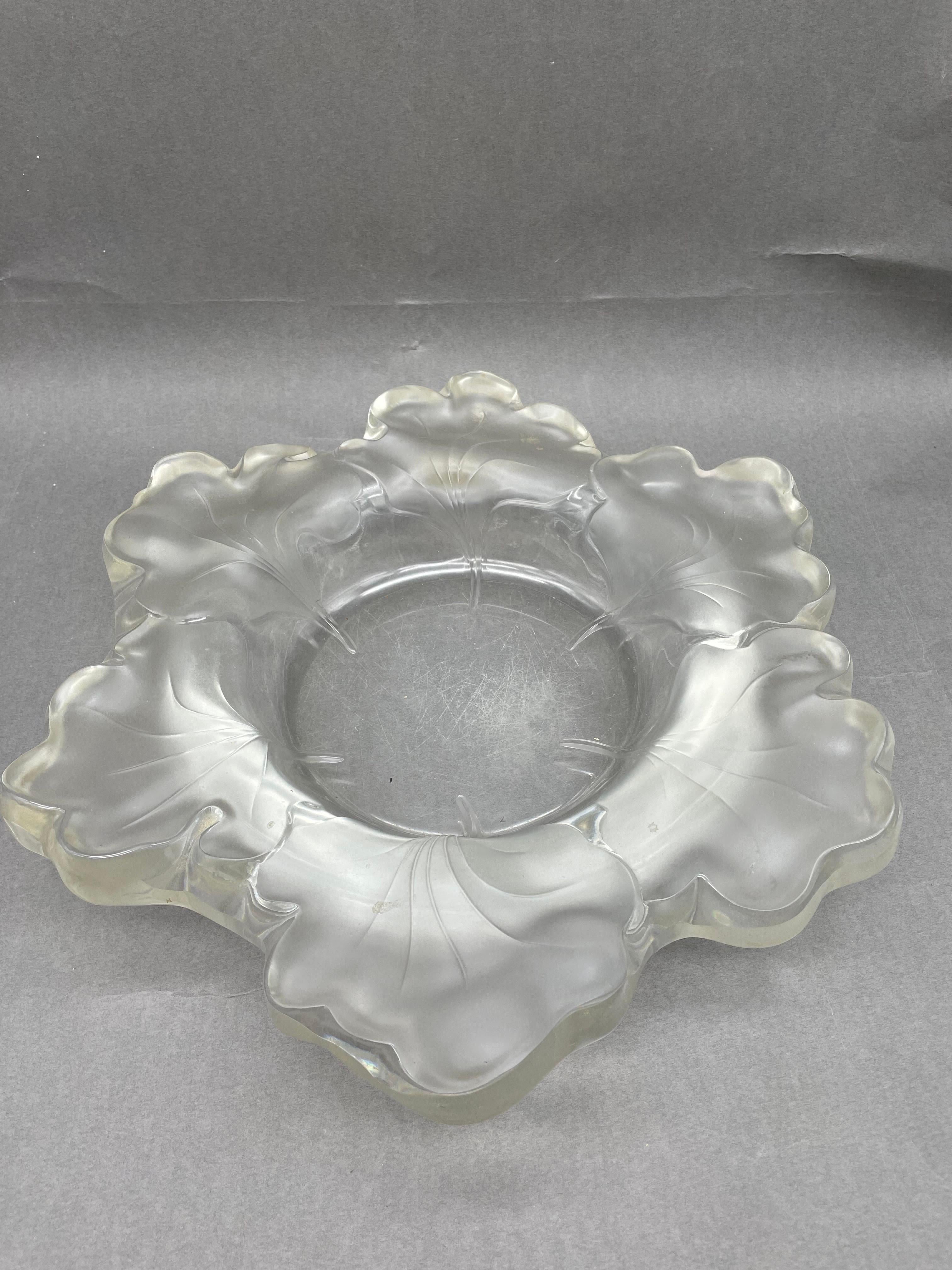 French Rare Large Lalique Crystal Leaf Bowl For Sale